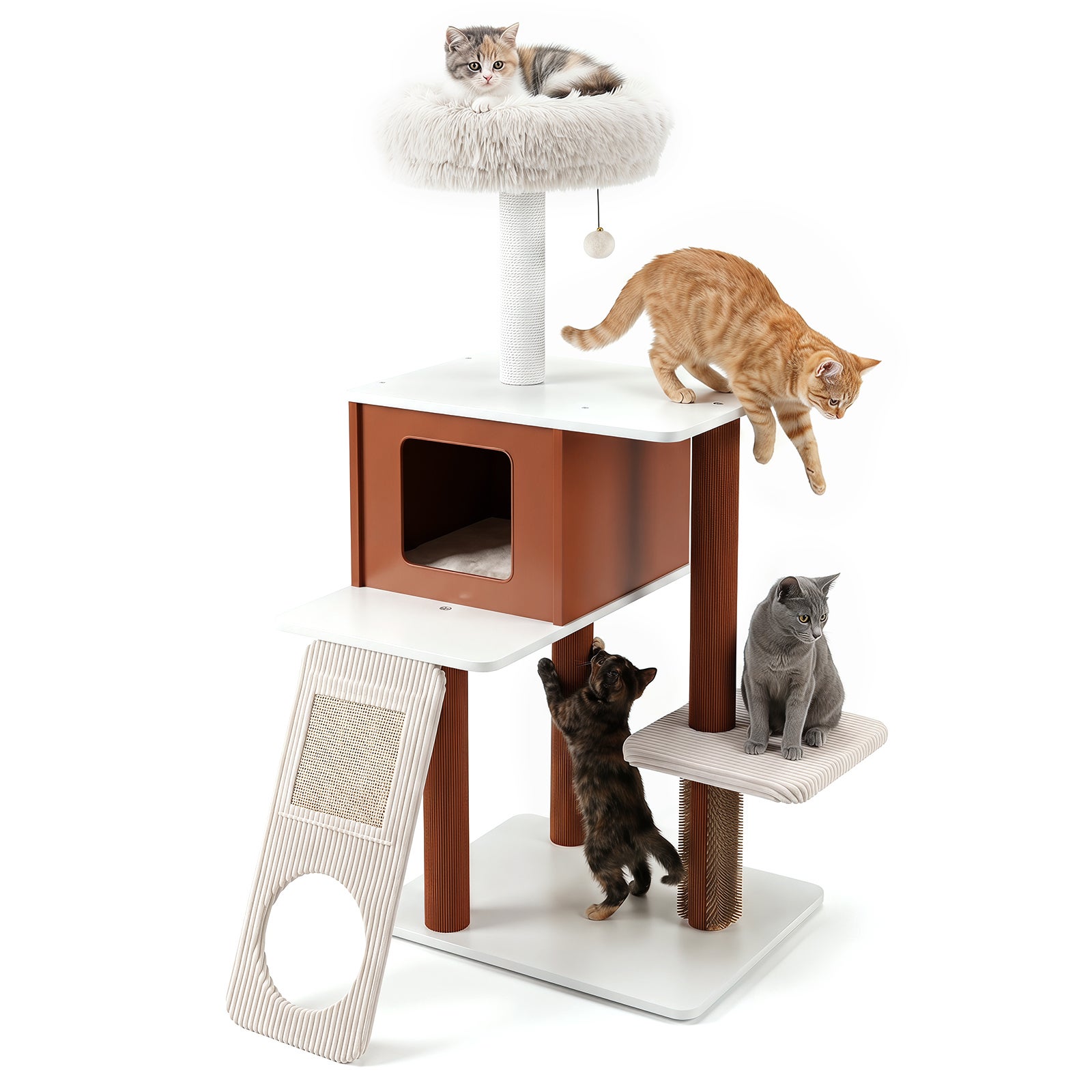 Arbore pentru pisici, cu zgârie-zgârie și rampă, platforme mari, cuib confortabil, mobilier pentru apartamente, pisici mici și mari, 77,5 x 75 x 130cm