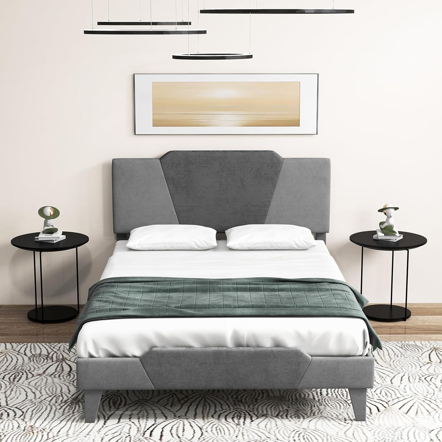 Rama Łóżka Platformowego 140 x 200 cm z Tapicerowanym Wełną Zagłówkiem, Łóżko Podwójne w Nowoczesnym Stylu (Materac nie Wchodzi w Skład Zestawu)