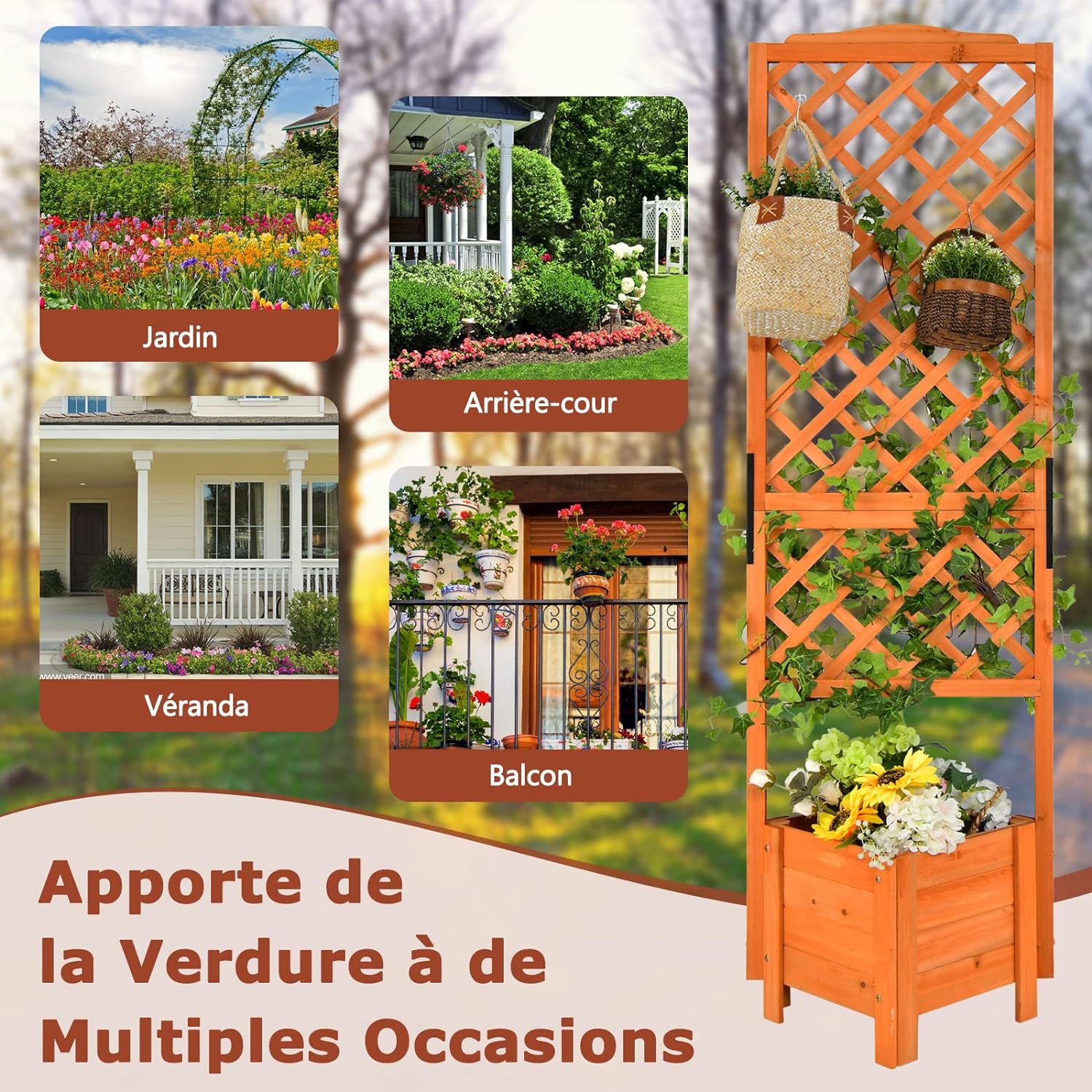 Jardinière avec Treillis 180 CM en Bois, avec Trou de Drainage pour Plantes Grimpantes, Fleurs, Jardinière pour Cour, Jardin, Balcon - 5