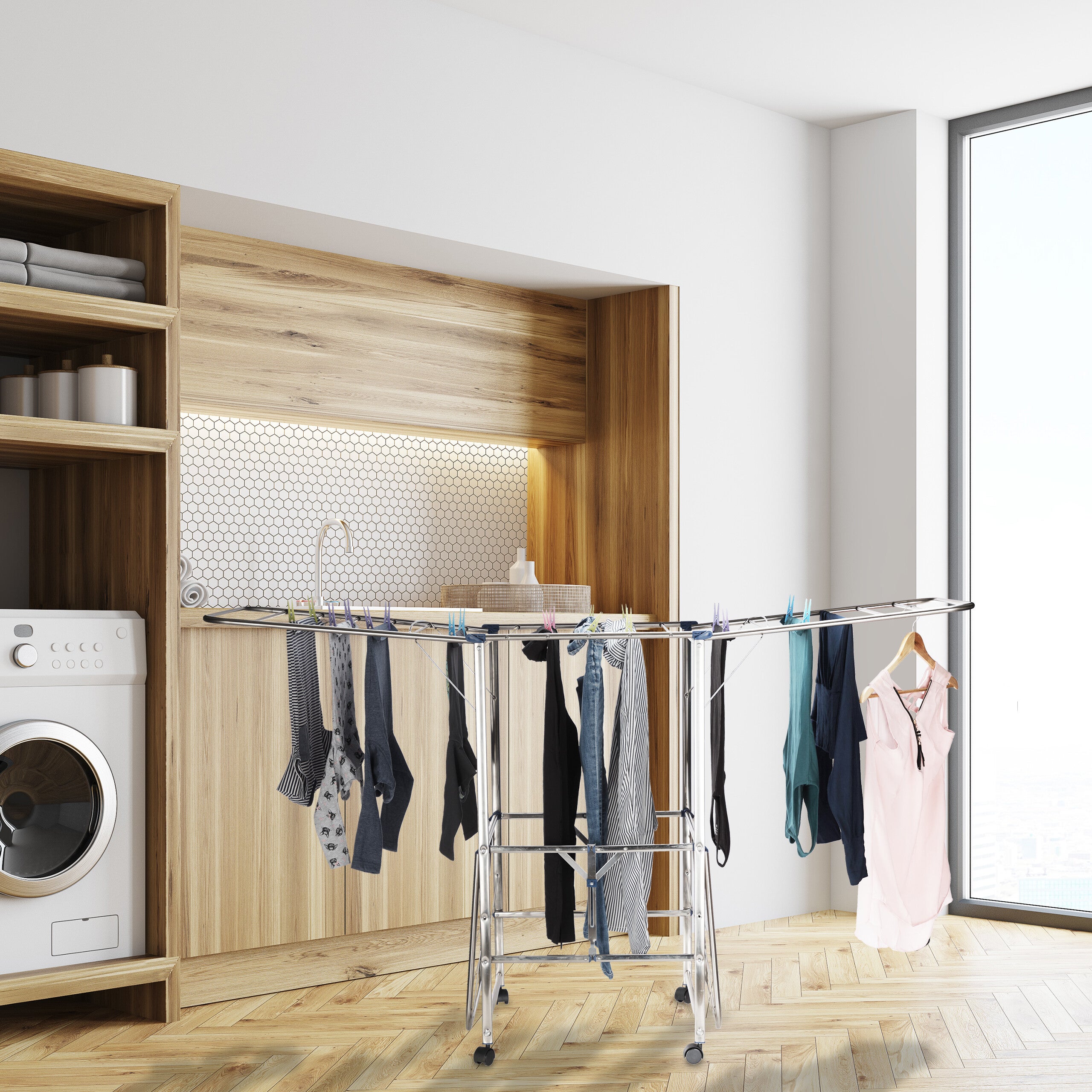 Etendoir lessive XXL, séchoir droit, Tour avec ailes et roulettes, pliable; HLP 111x 185,5 x 53 cm, argenté, Relaxdays - 2