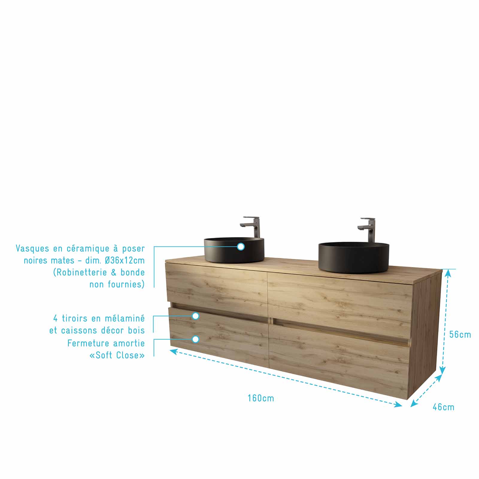 Meuble de salle de bains 160 TIMBER Décor Chêne - 4 Tiroirs - 2 Vasques Rondes Noires - 4