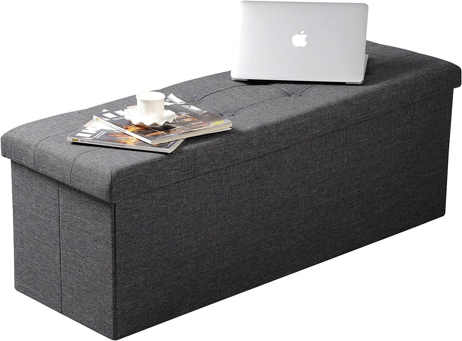 WOLTU Banc de Rangement Pliable Pouf Tabouret de Grande，Coffre de Rangement Intérieur Repose-Pieds Rembourré en Lin，118L，110x37，5x38cm Gris Foncé - 3