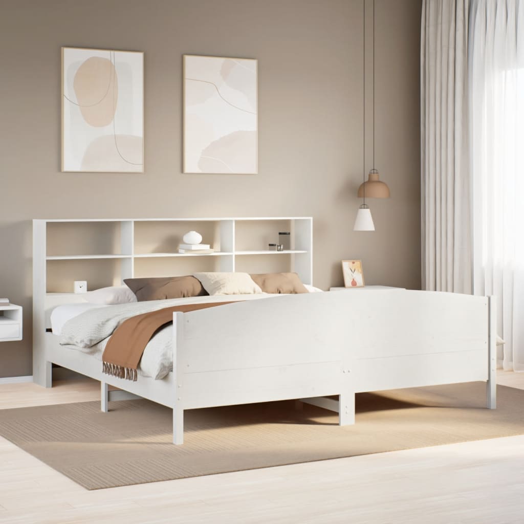 Łóżko Drewniane z Regałem Rama Łóżka Ze Stelażem Biała 180x200 cm