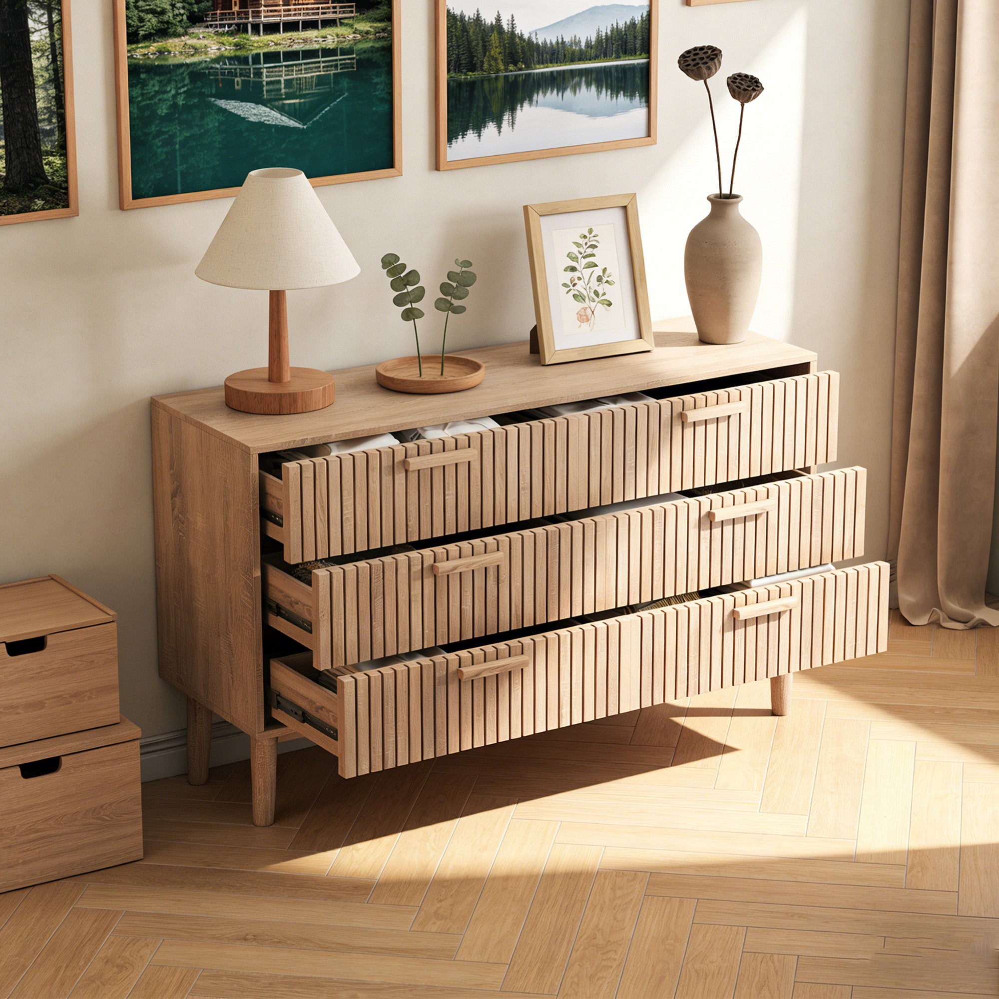 Commode avec 6 tiroirs, COZY, commode de chambre en bois, pieds en bois, 100x34x73 cm, Aspect bois, pour chambre salon, Bois clair - 4