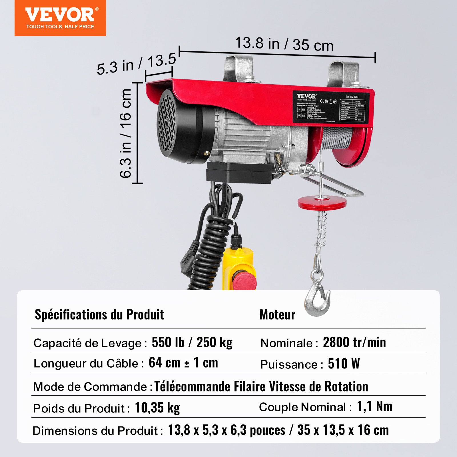 Talha elétrica SucceBuy com cabo de aço 250 kg, motor 510 W, comando com fio 4 m, elevação 12 m, para garagem e oficina - 2