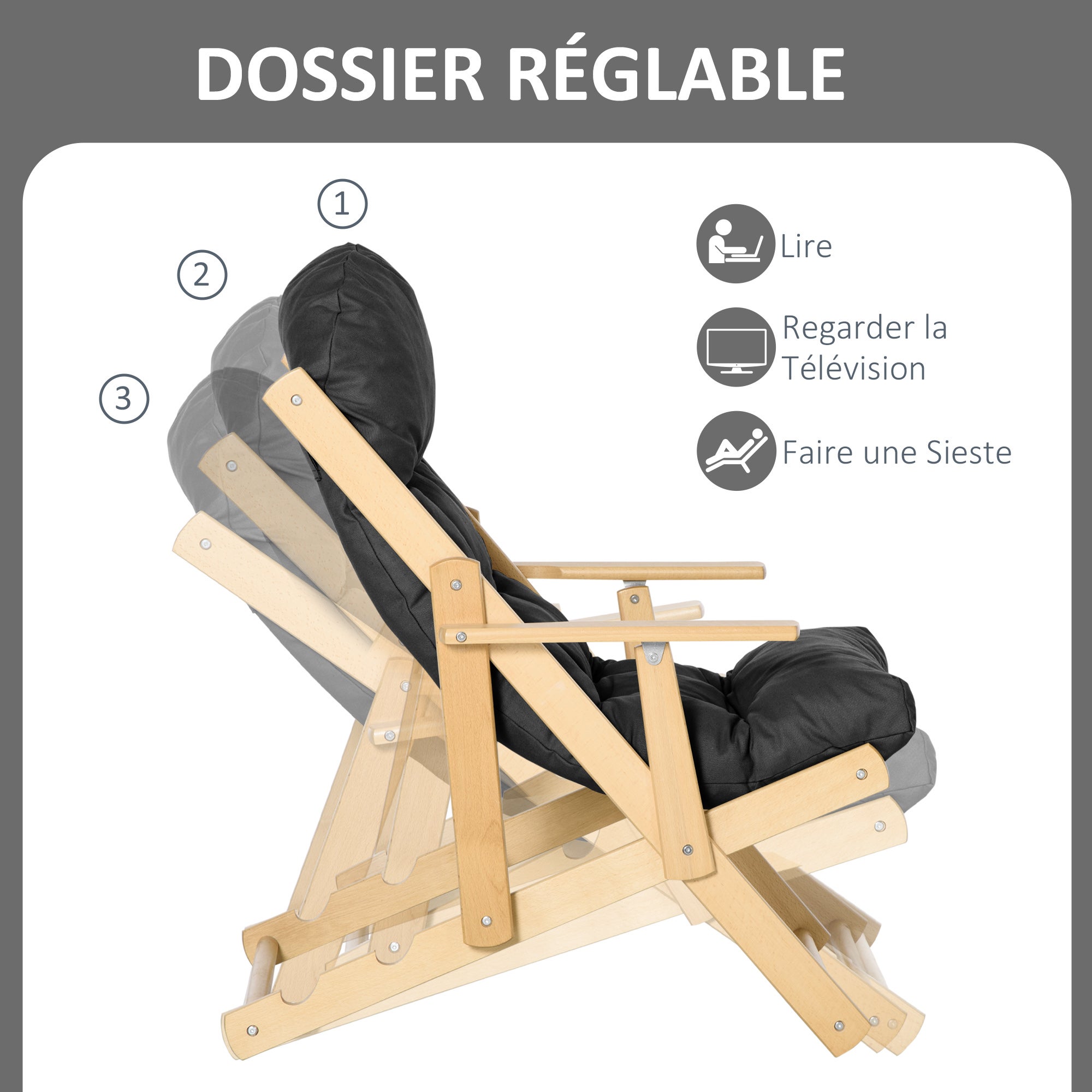 Fauteuil et méridienne de salon pliables et inclinables en bois, fauteuil confortable et relaxant avec coussin épais capitonné - 6