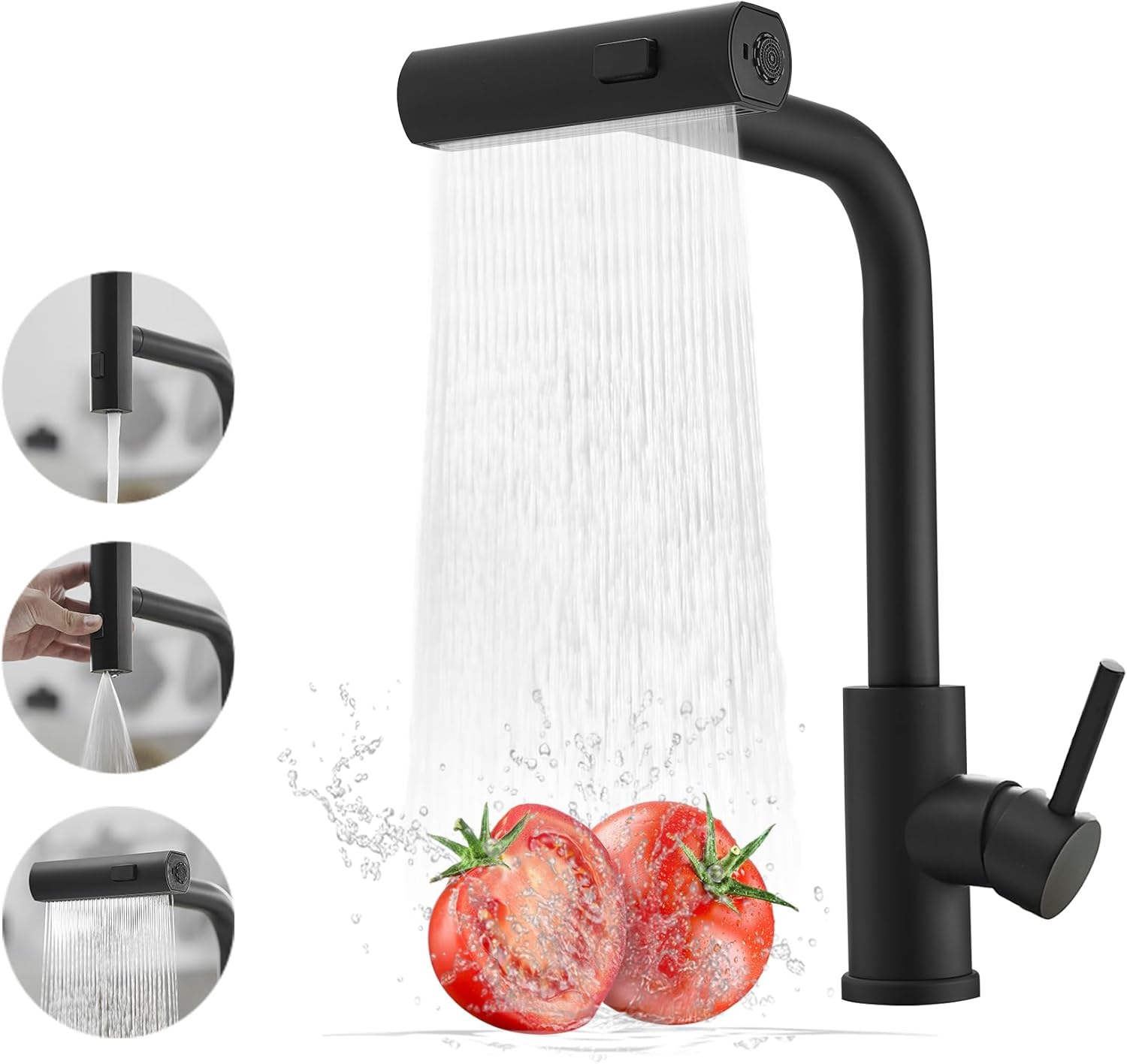 Czarna bateria kuchenna z wyciąganą słuchawką, bateria kuchenna kaskadowa 3-funkcyjna ze stali nierdzewnej -