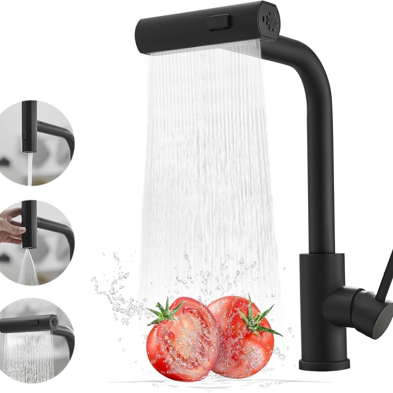 Czarna bateria kuchenna z wyciąganą słuchawką, bateria kuchenna kaskadowa 3-funkcyjna ze stali nierdzewnej -