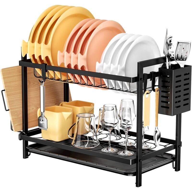 Dwupoziomowy ociekacz kuchenny, czarny, nad zlewem, z wyjmowaną tacką ociekową i uchwytem na sztućce