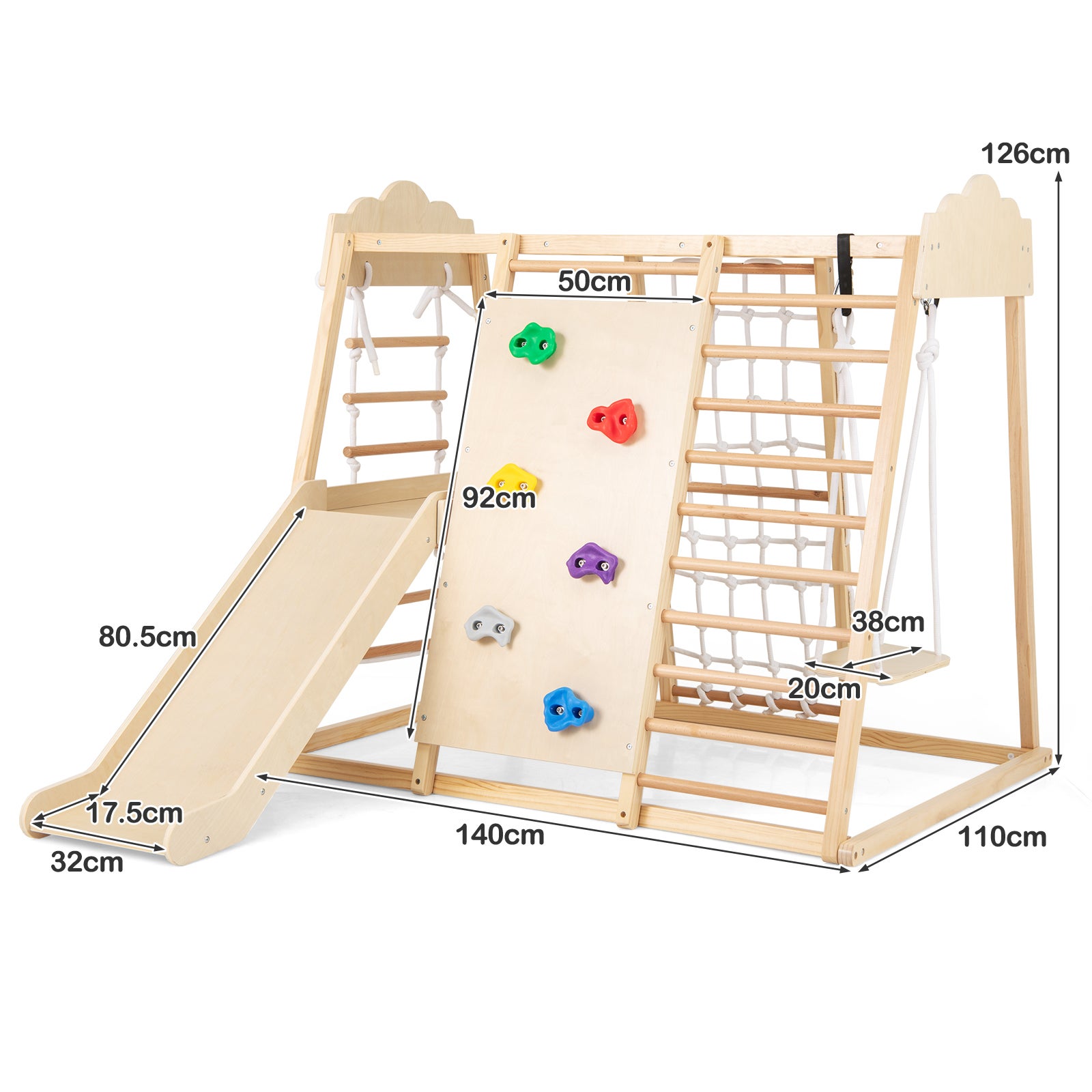 Structure Jeux Exterieur Enfant GOPLUS 4 En 1 Arche D'Escalade Montessori Enfant Bois Avec Toboggan Ajustable En Bois, Bascule Enfant Avec Coussin Charge 60KG Pour Bébé 1 An (Coloré Plus Dome Escalade