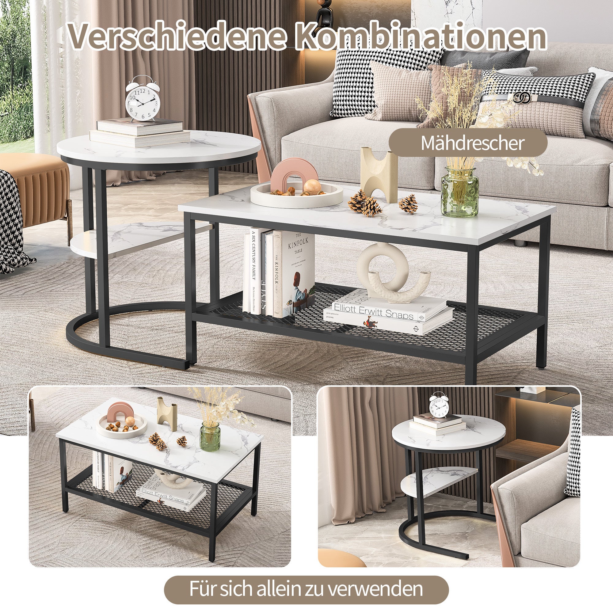 Table basse, 2 pièces, plateau plaqué marbre, design divisé, avec étagères de rangement, table d'appoint - 8