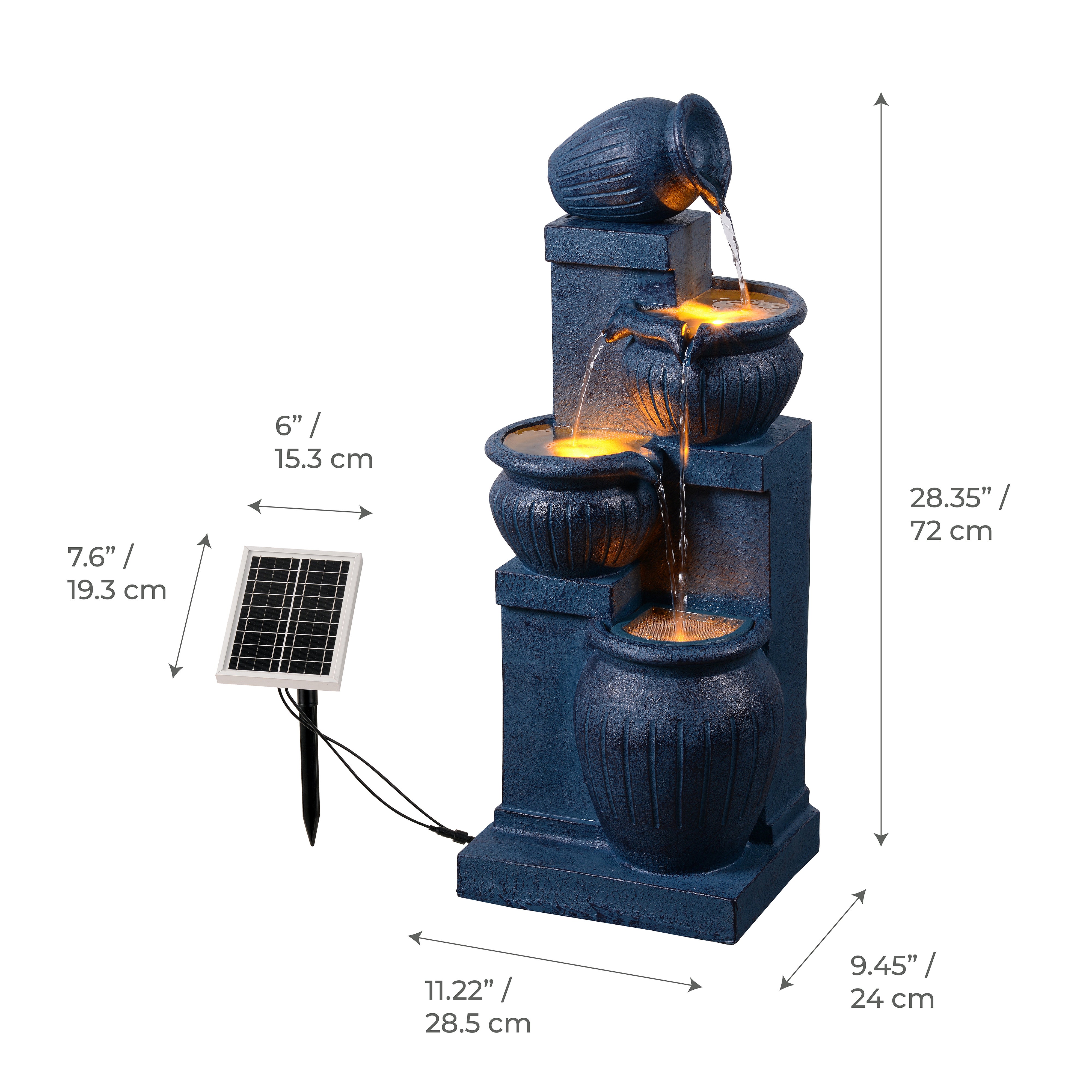 Fontaine solaire jardin 4 niveaux LED, 72cm, Bleu Marine, TEAMSON HOME - 3