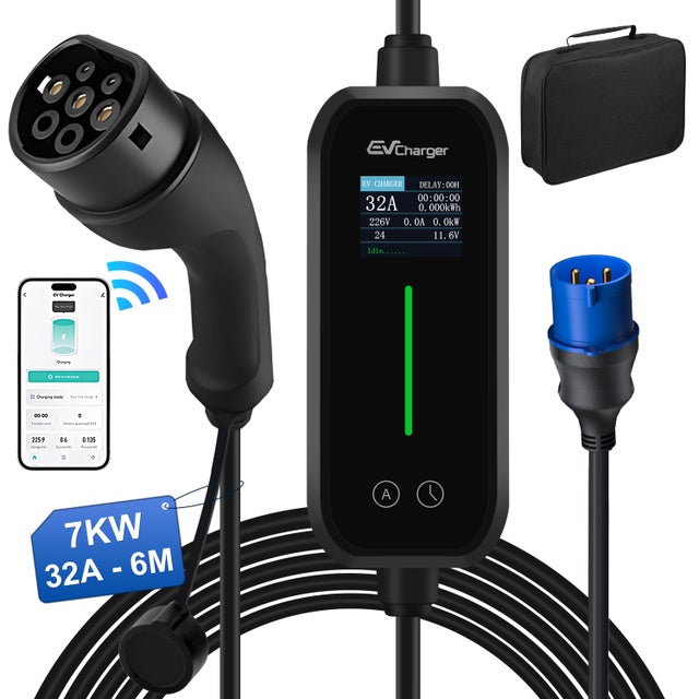 Carregador para Veículos Elétricos 7 kW 32A Monofásico Tipo 2 - Cabo de 6 m com tomada CEE 7/7, Certificação IEC62196 & IP65 HEXINE