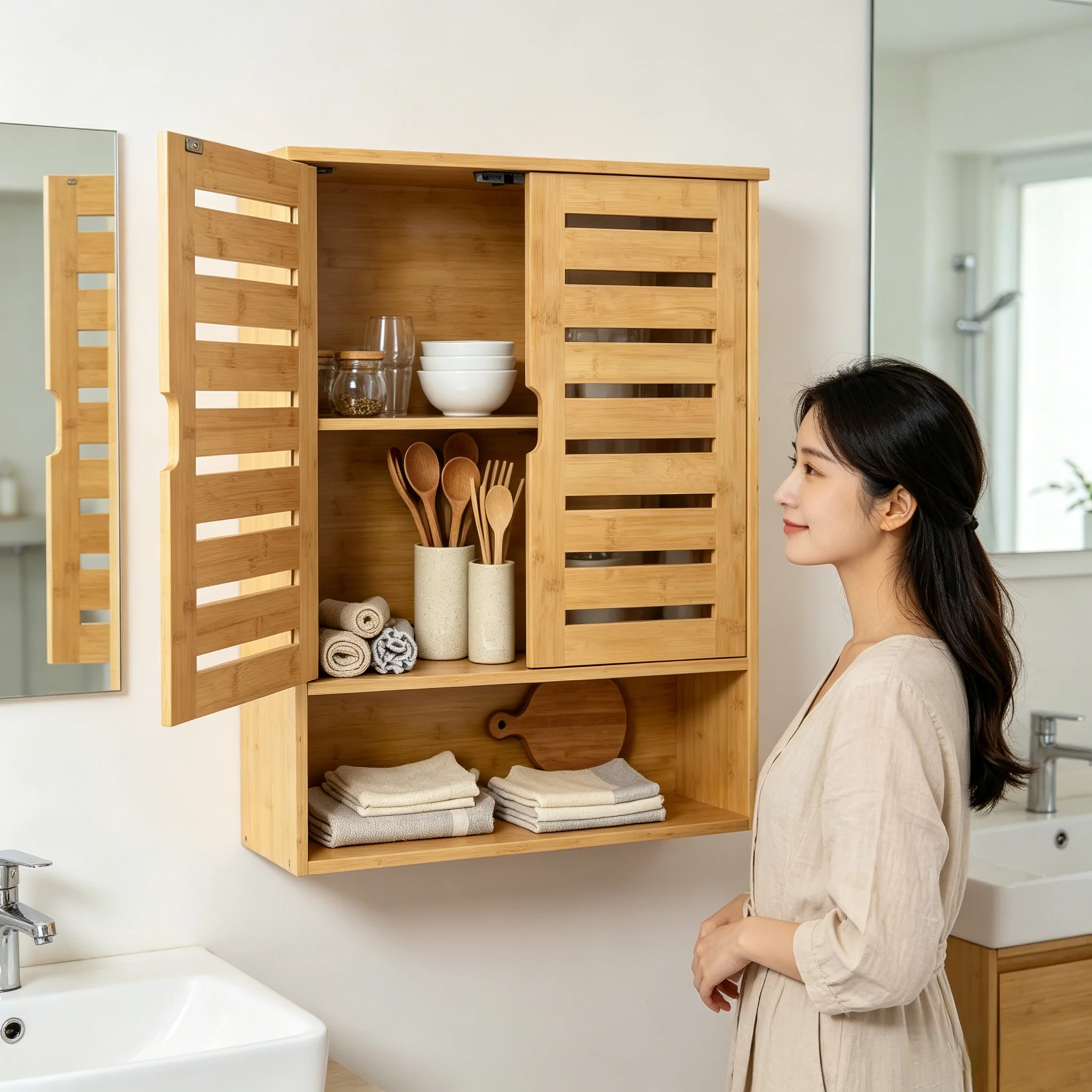 Armoire de rangement en bambou, moderne, murale, 2 portes, 3 étagères, pour salle de bain.. - 5