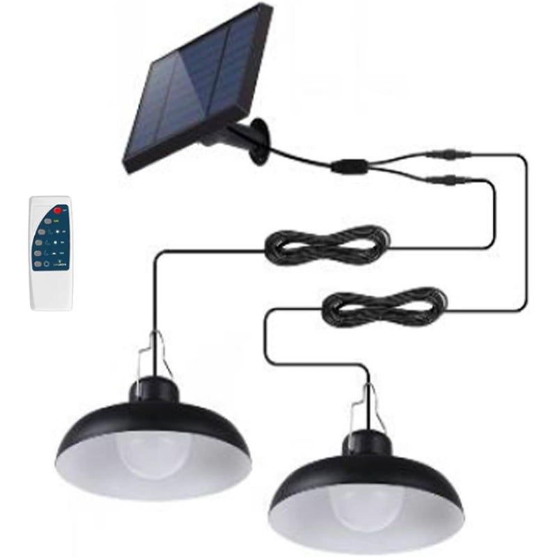 Podwójna Lampa Wisząca Solarna LED 2x WAREN – Metalowy Klosz Czarny – Biały Zimny – Pilot – Czas Działania 10h – Wodoodporna IP44