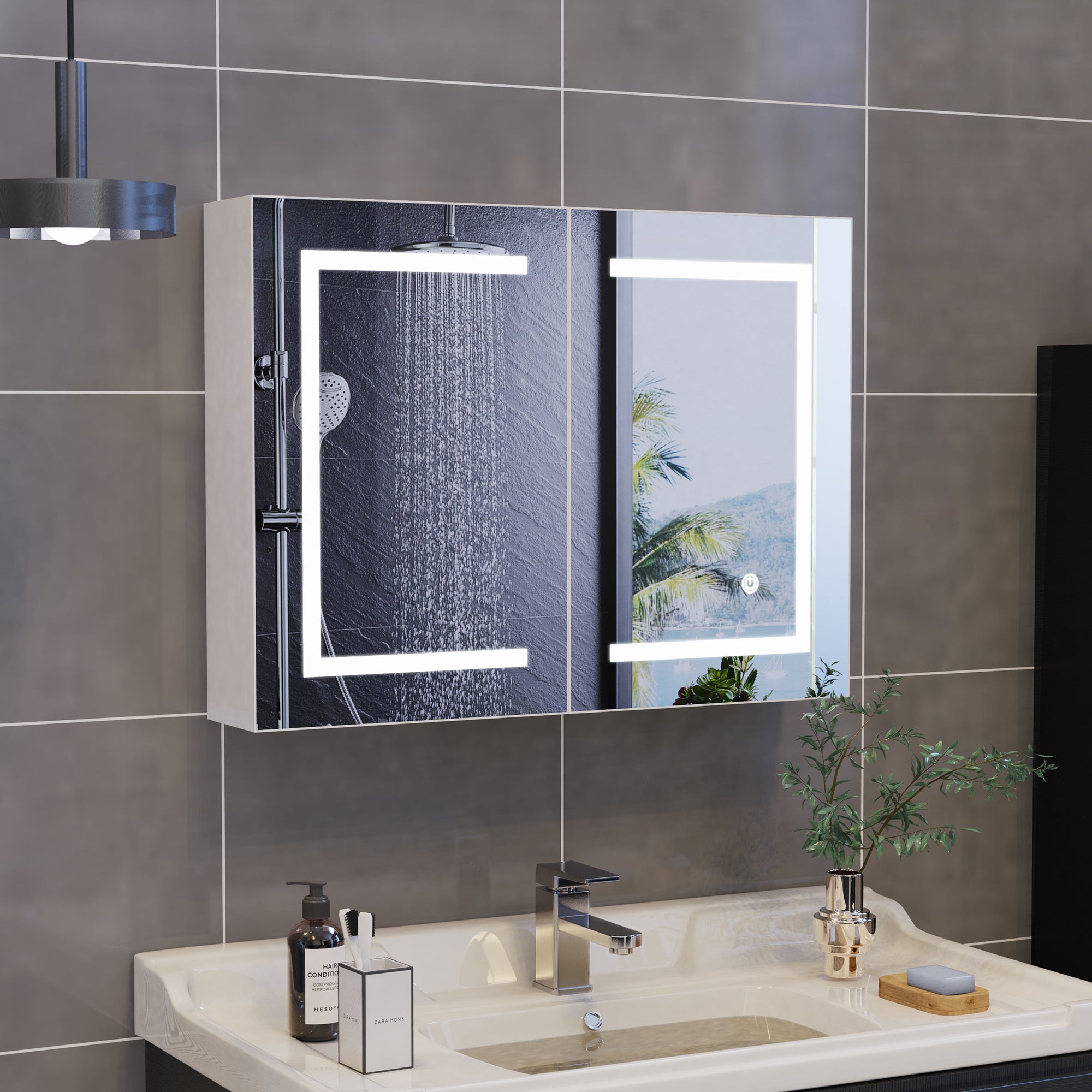 Armoire led 2p de toilette lumineuse, 80x13,5x60 cm, Armoire de salle de bain avec miroir, Interrupteur tactile, Étagère réglable, Dimmable, Blanc - 7