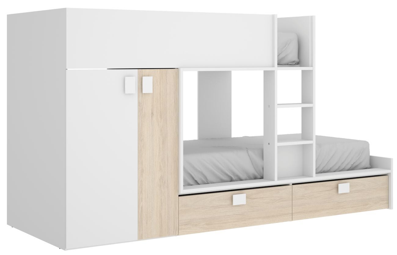 Łóżko piętrowe - 2 × 90&amp;nbsp;×&amp;nbsp;190 cm - wbudowana szafa - kolor biały i naturalny - JUANITO