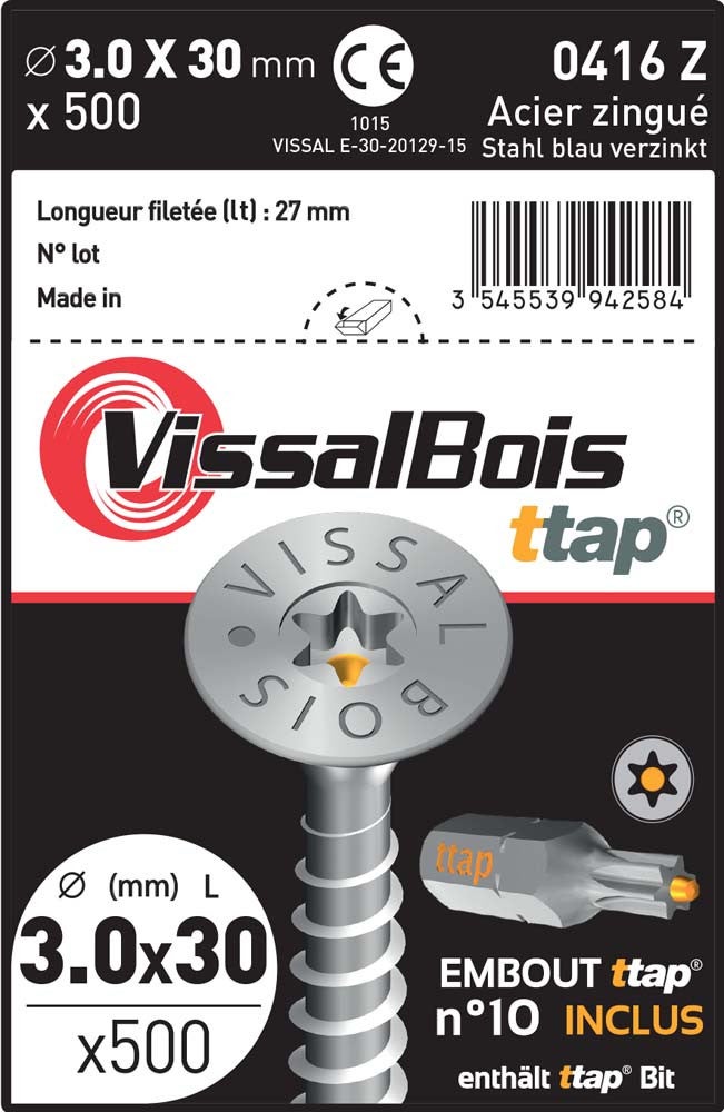 Vis Torx acier zingué VissalBois TTAP ZN + embout TX TTAP - 2