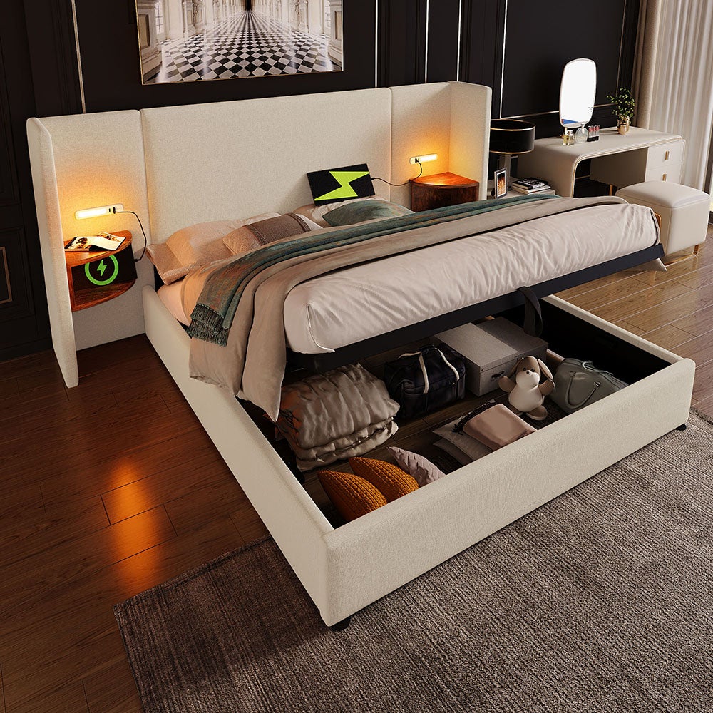 Lit double capitonné 160 x 200 avec table de chevet, liseuse et chargeur USB Type-C, beige, lin. - 2