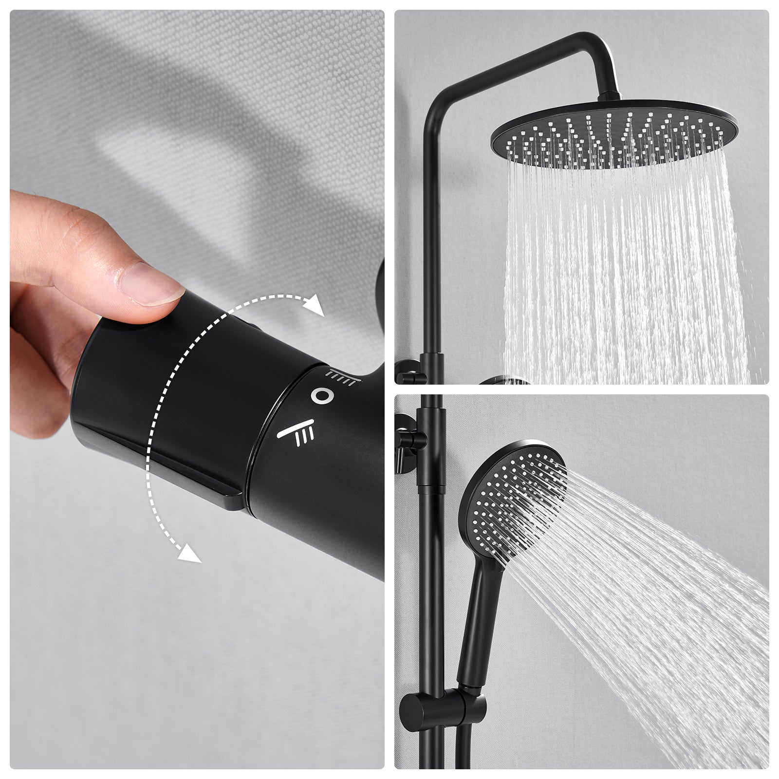 Columna de ducha negra,termostática,con cabezal de ducha 3 chorros, 25 x 25 cm Cabezal de ducha, altura ajustable,conjunto ducha para baño,redondo - 3