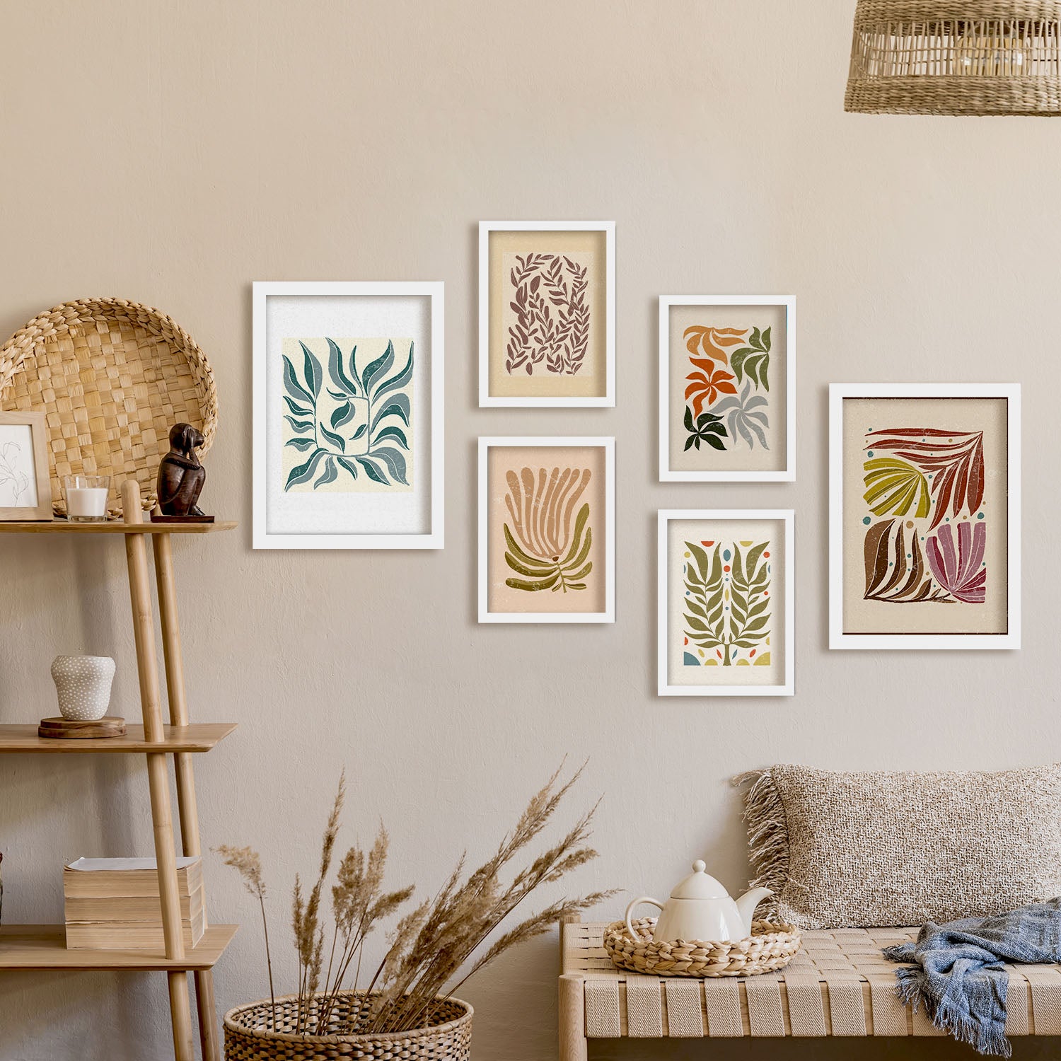Nacnic Ensemble 6 Impressions De Feuilles Dans De Style Ethnique Cadre Décoratifs Pour Votre Chambre Maison Impression A4 A3 Avec Des Cadre Blanc - 5
