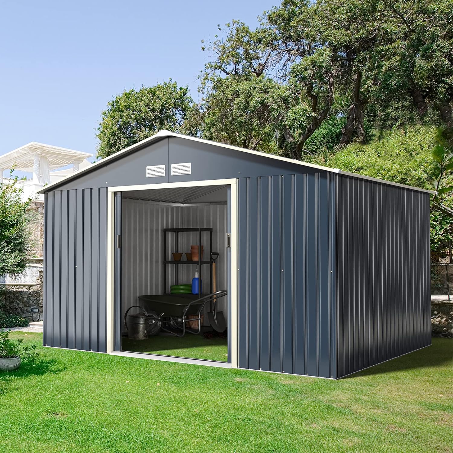 Adăpost de grădină din metal – 8,08 m² – 2 uși glisante – 4 orificii de aerisire – 340 x 255 x 210 cm – Gri