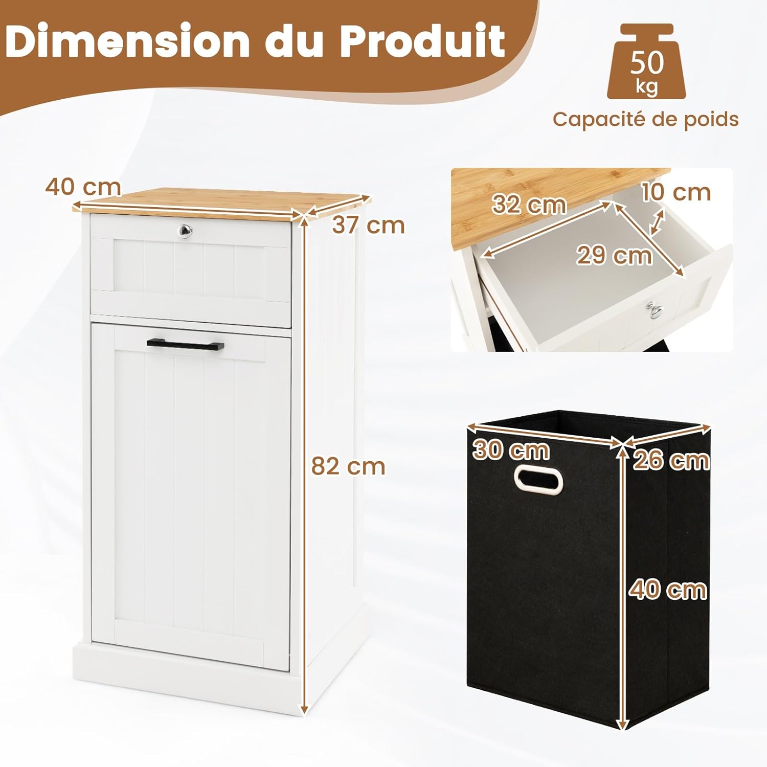 Meuble Salle de Bain avec Tiroir et Placard 38L, pour Cuisine, Salle de Bain, 40 x 37 x 82 cm - 4