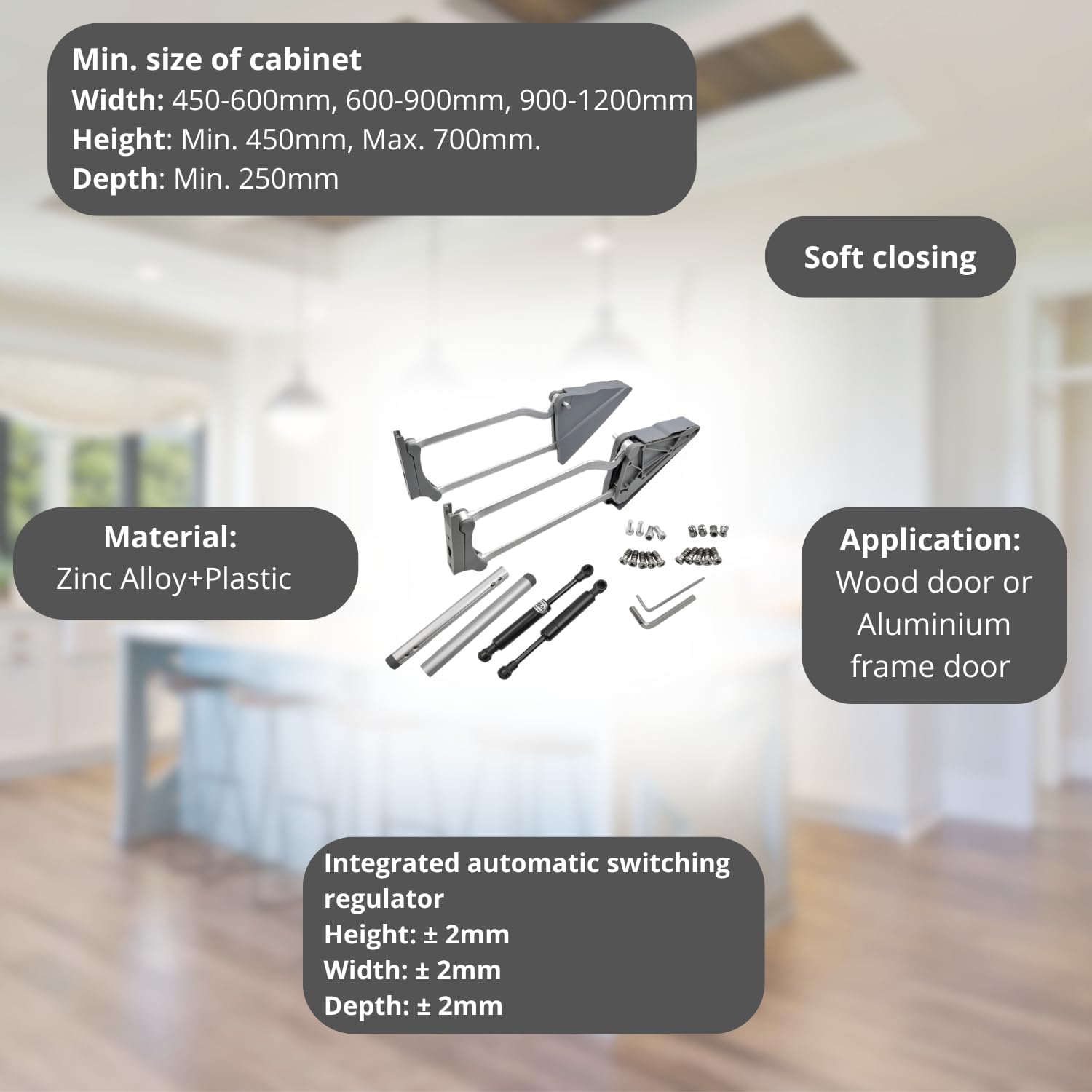 Mecanismo de Abertura de Porta Basculante de Cozinha com Amortecedor - LIFT-UP 90° com Parada Livre e Fechamento Suave - Para Módulo de 450-600 mm. - 3