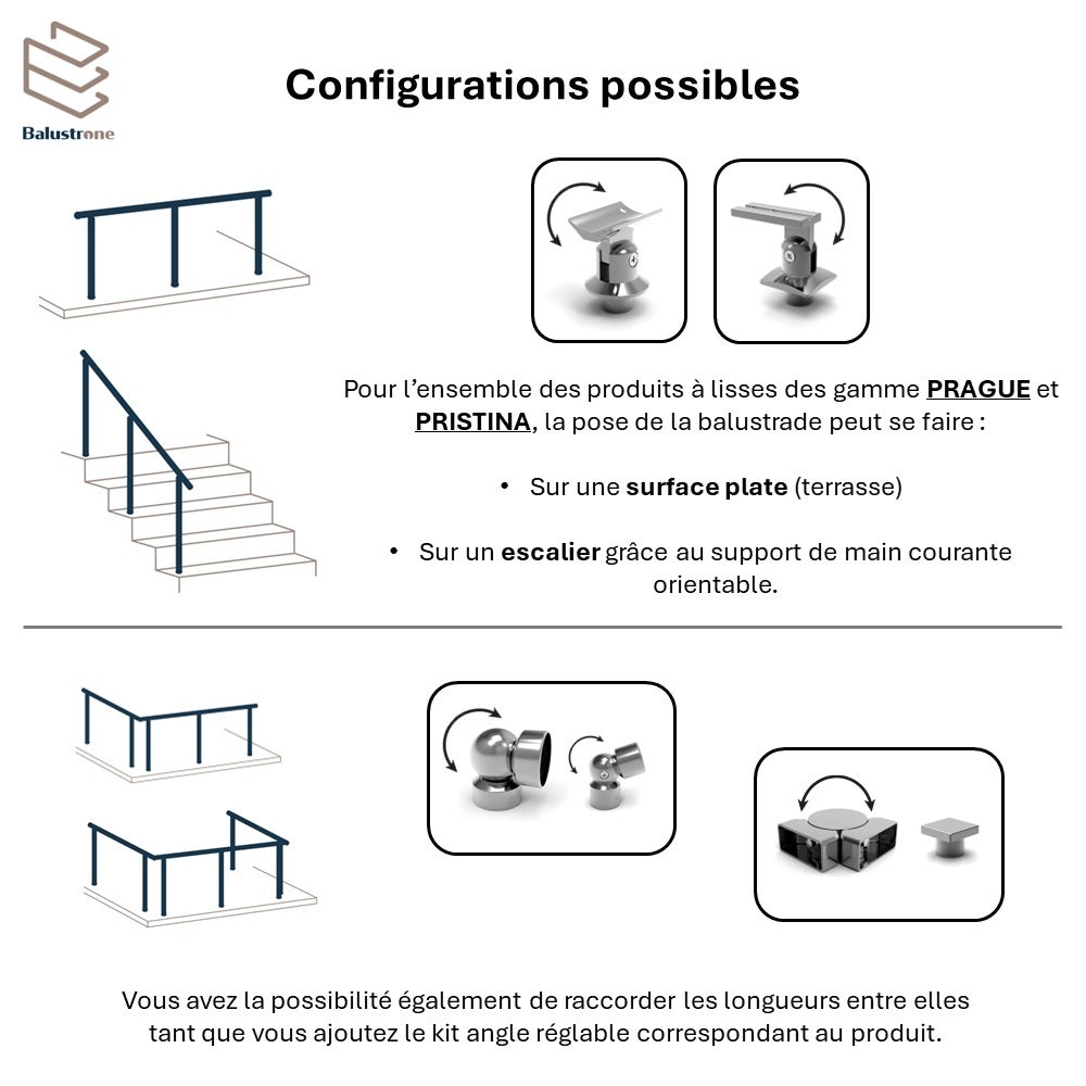 Garde-corps aluminium gris foncé, 3m pose à visser au sol, intérieur et extérieur, PRISTINA 7 lisses, en kit - 6