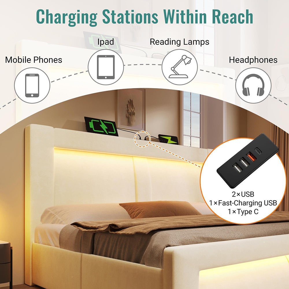 Cama hidráulica con iluminación LED controlada por aplicación, puertos de carga USB y Type-C, terciopelo, beige - 160 x 200 cm. - 8