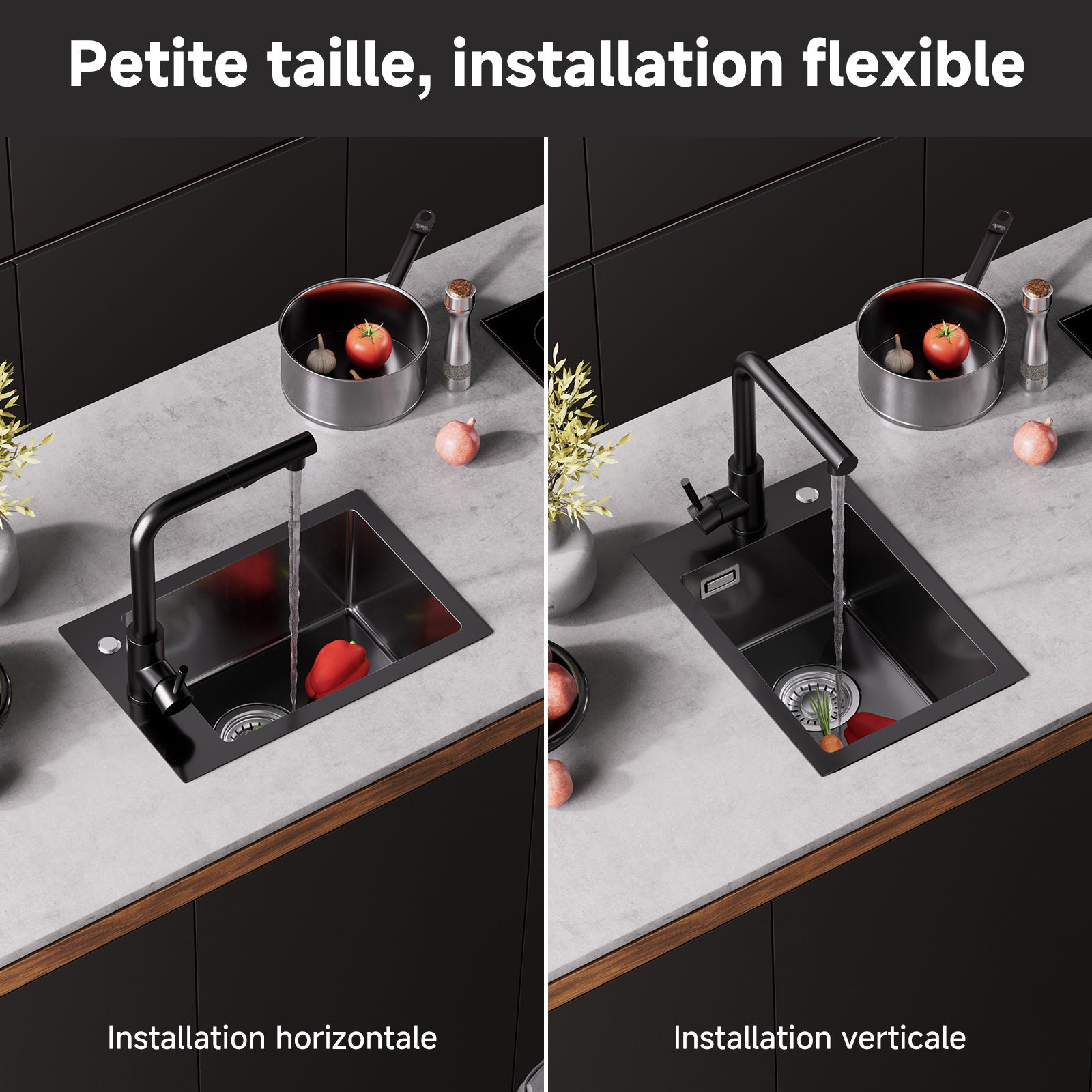 Cecipa max Évier de Cuisine 1 Bac 30*45*19CM, Évier Inox Évier 1 Bac Noir - Evier à encastrer/ Evier à poser - 5