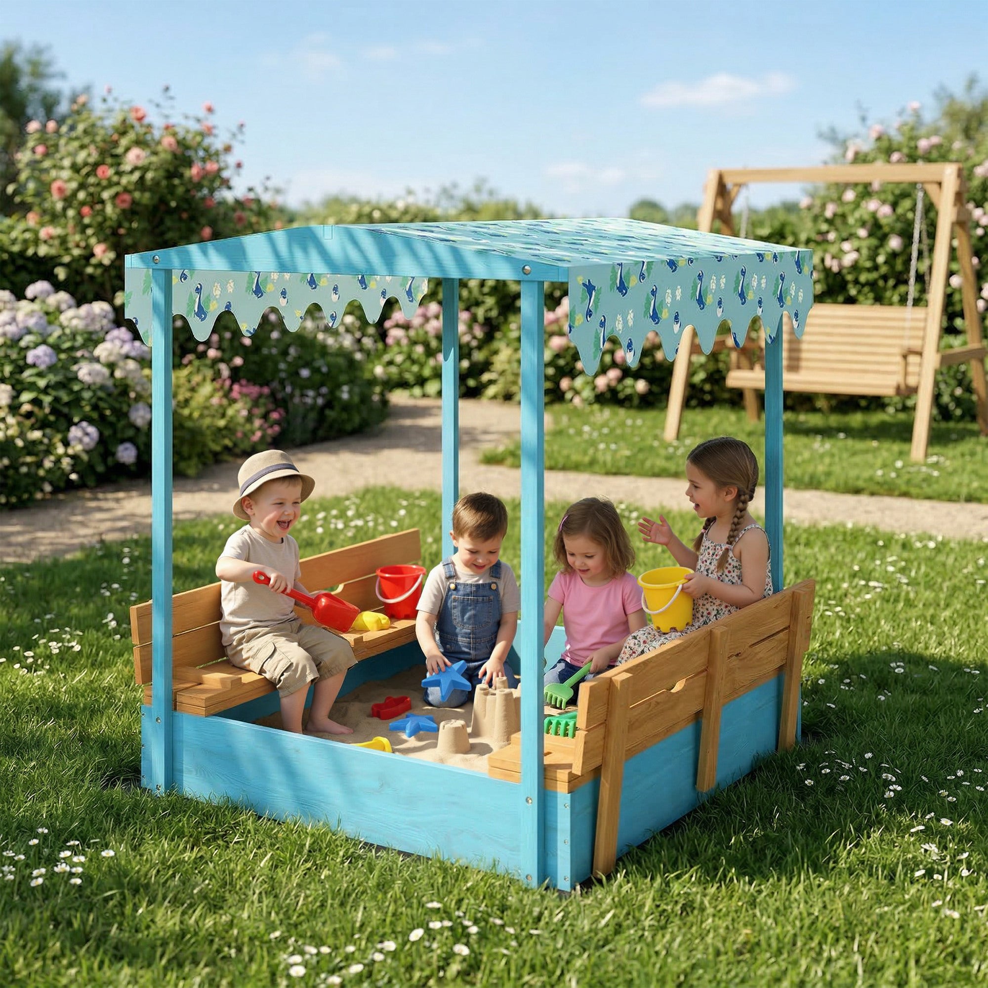 Bac à sable enfant - AIYAPLAY - couvercle et siège pliable - toile imprimée flamants - bois - bleu - 2