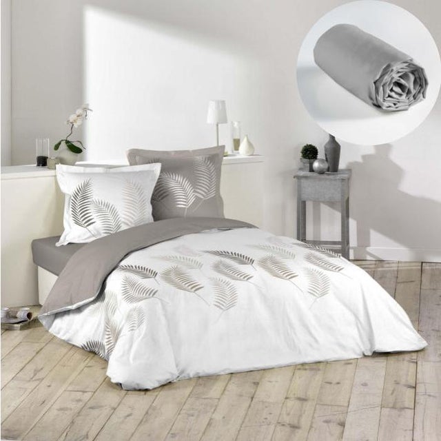 Pack parure de couette 260x240 cm Goyave + drap housse 160x200x30 Gris