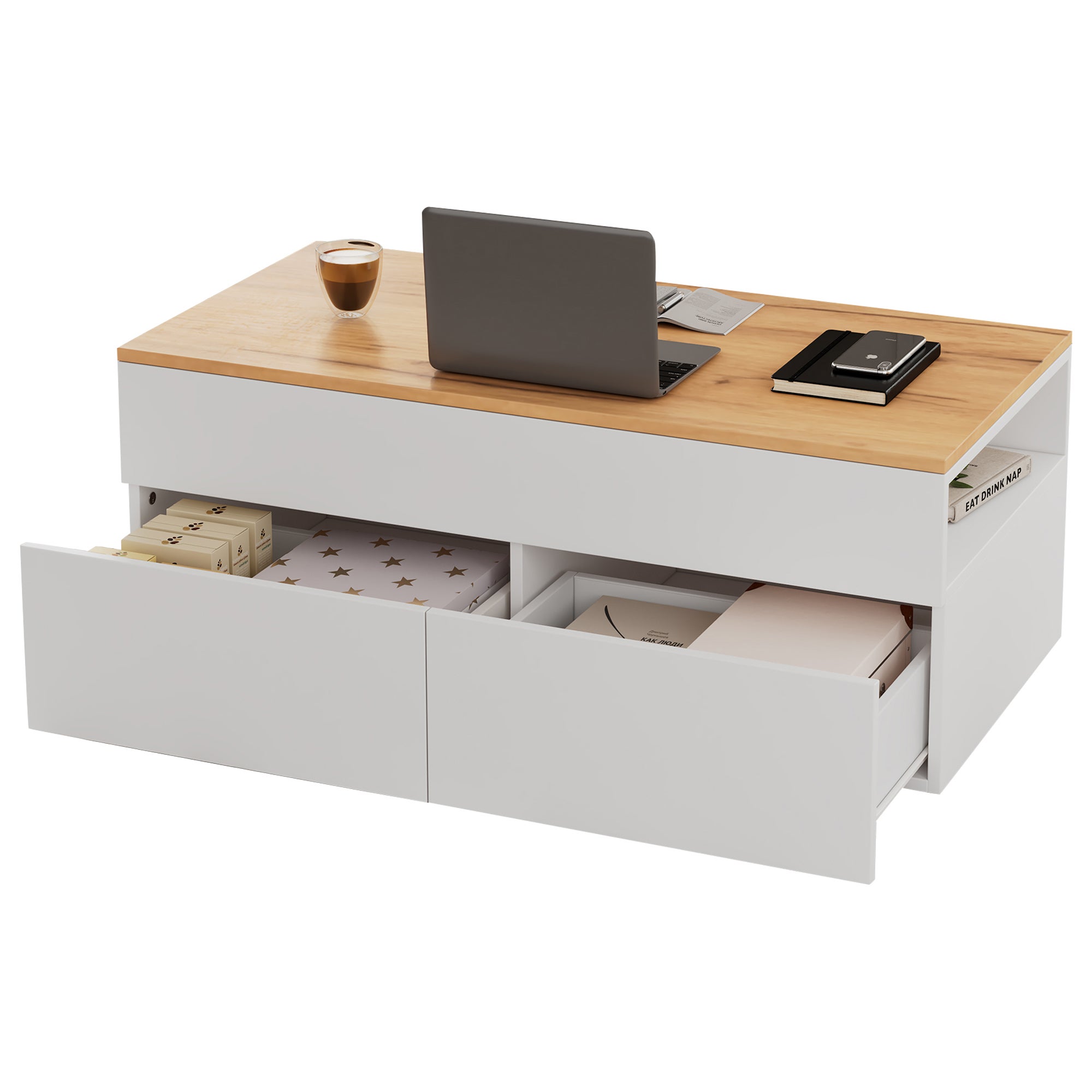 Table basse avec plateau relevable et 2 tiroirs - 100 x 50 x 40 cm - Panneau de particules - Blanc + bois - 8