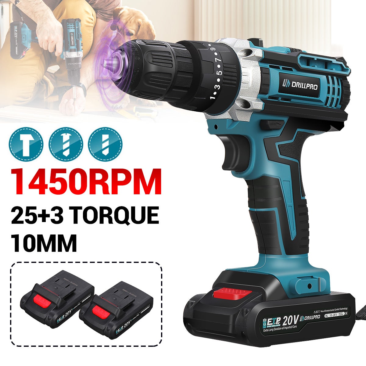 Perceuse visseuse à percussion 21V 45Nm, Perceuse à percussion sans fil 2 x 2Ah batteries, 24+3 Réglages de Couple - Bleu