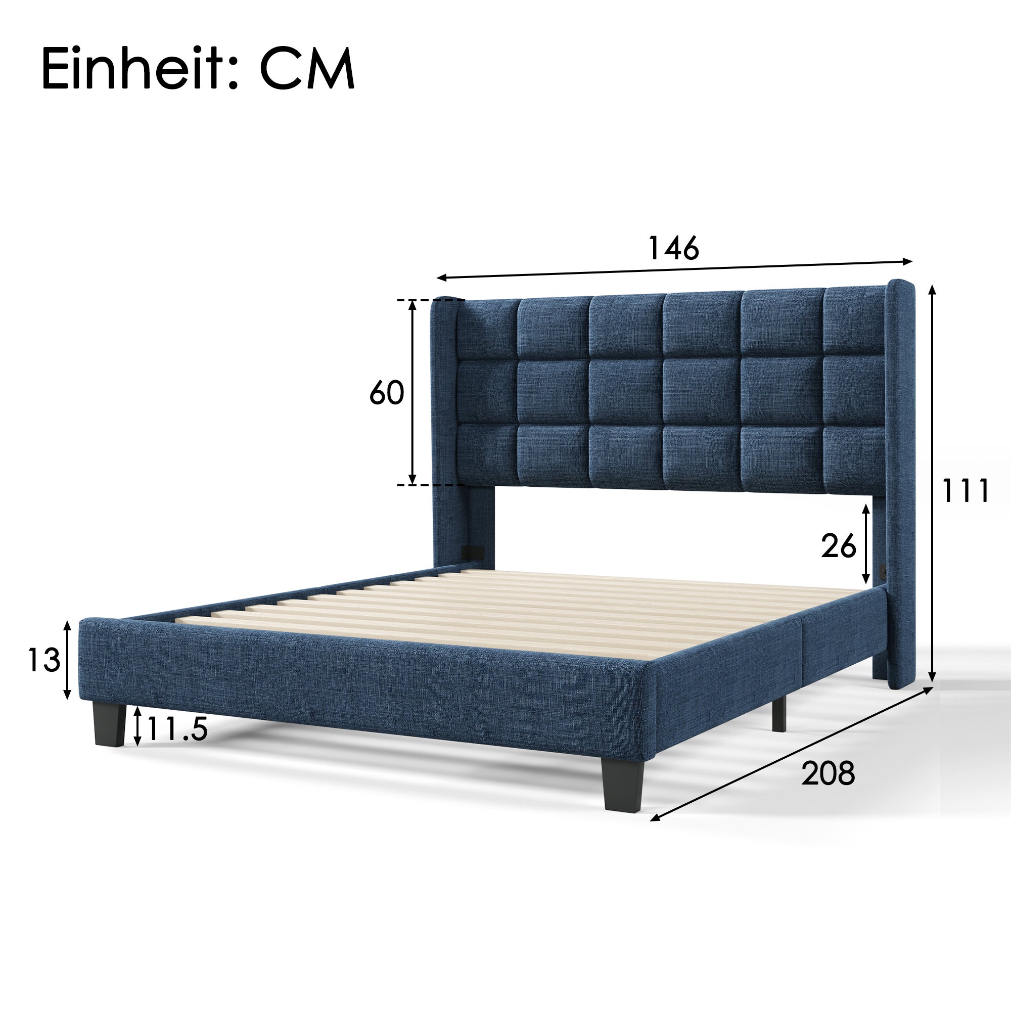 Cama estofada para adulto com cabeceira - 140 x 200 cm - tecido de linho - azul - 9
