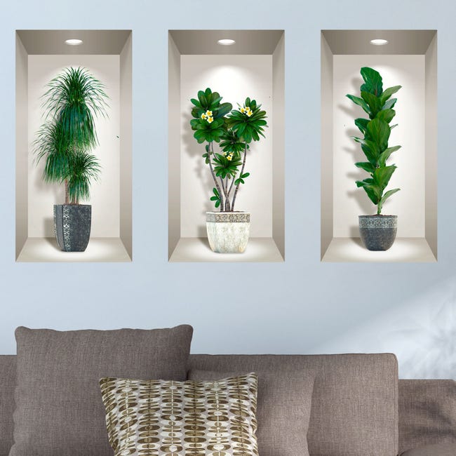 Stickers Muraux 3D Vase Et Plantes Réalistes - Décoration Salon Chambre 23x50cm Lot De 3