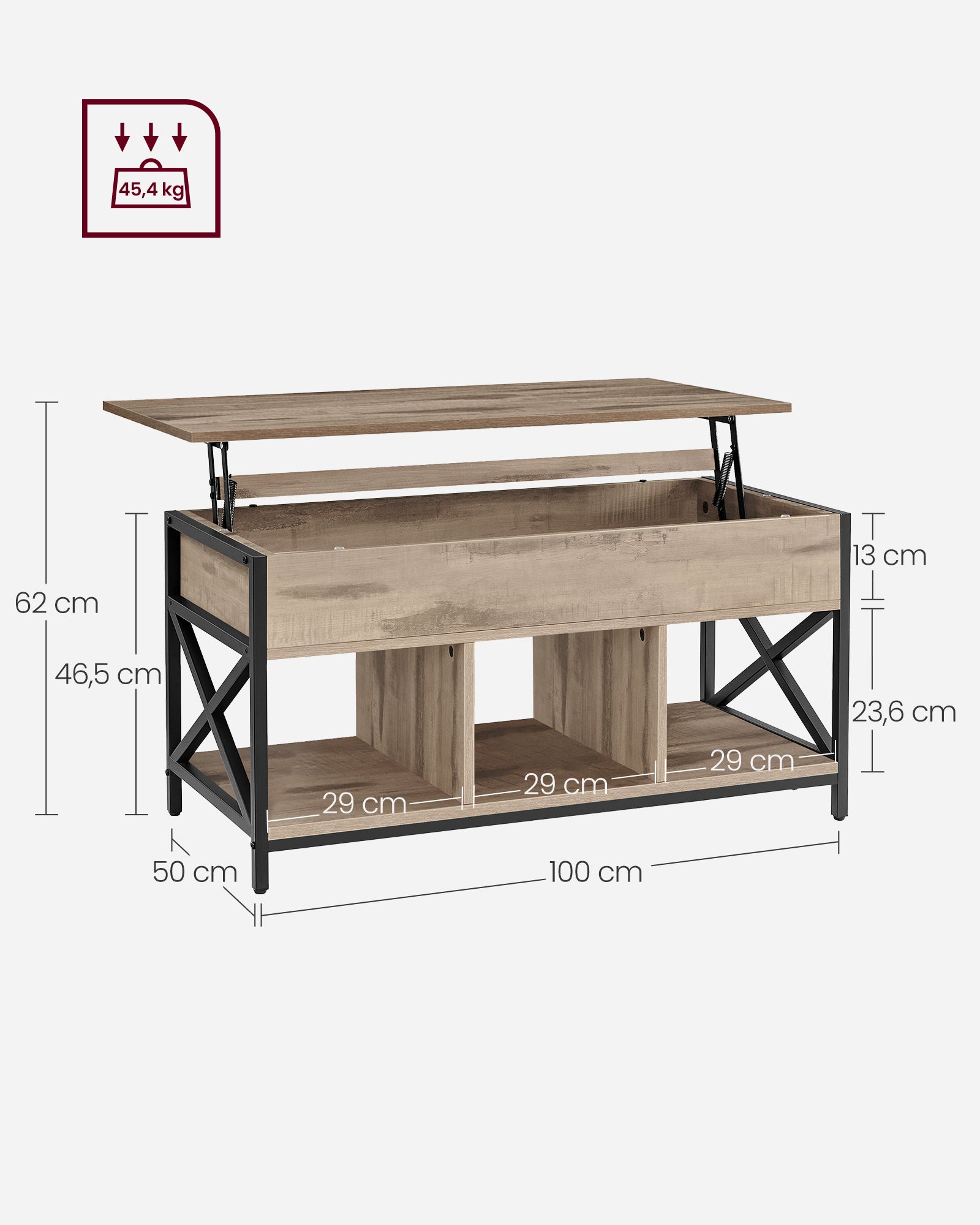 Table Basse, Relevable, Table Basse avec Rangement Caché et Compartiments Ouverts, Cadre en Acier, 50 x 100 x (46,5-62) cm, Marron Camel et Noir - 5