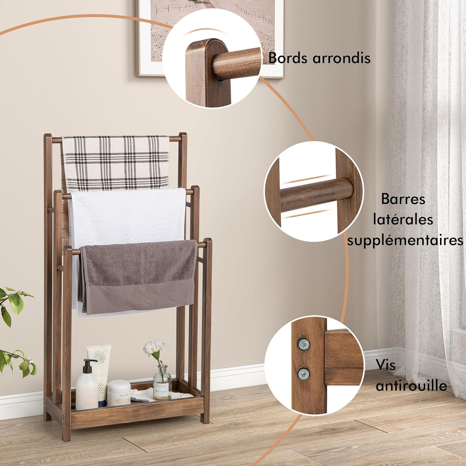 Porte-Serviettes Autoportant sur Pied en Bois, avec 3 Barres Individuelles et Étagère Surélevée, Design Creux, 45x22x86cm - 4