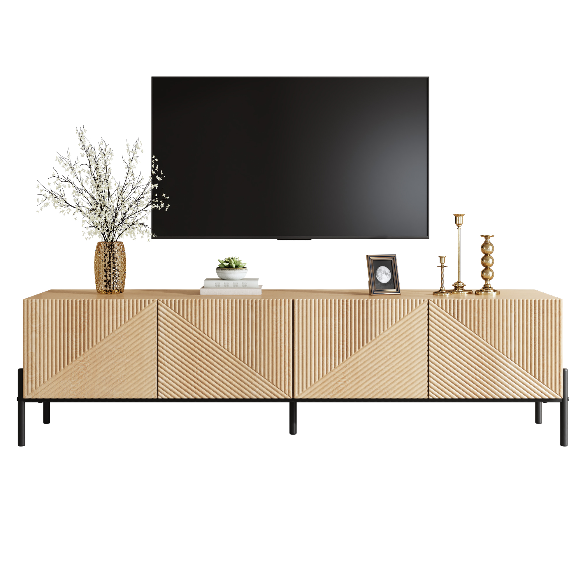 Nowoczesna szafka RTV 163,5 x 40 x 45 cm - 4-drzwiowa szafka do przechowywania - Tekstura 3D - Nogi żelazne - Płyta MDF - Kolor naturalny