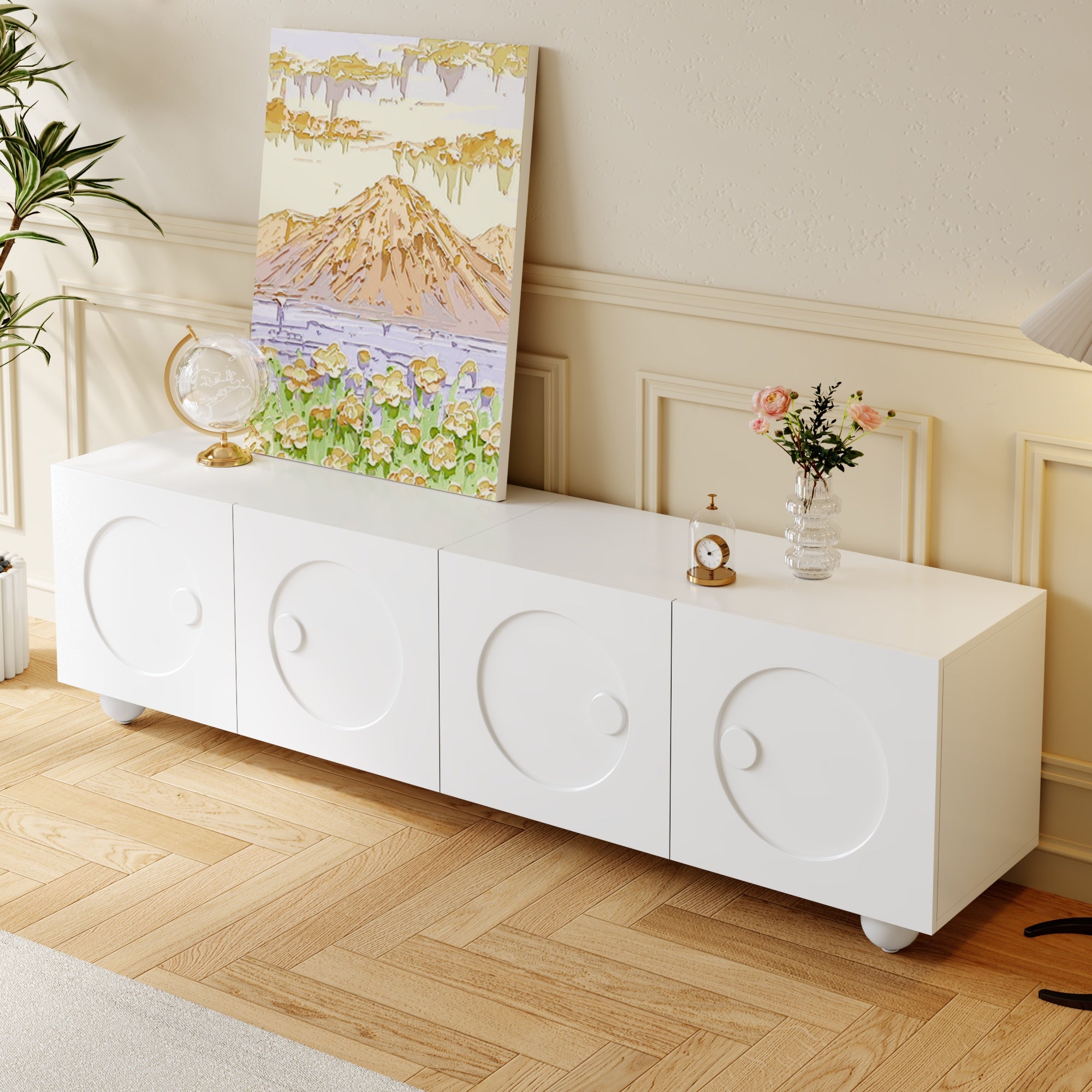 Nowoczesna szafka RTV z 4 drzwiami - 180,5 x 38 x 50 cm - Płyta wiórowa + MDF - Biała - 3