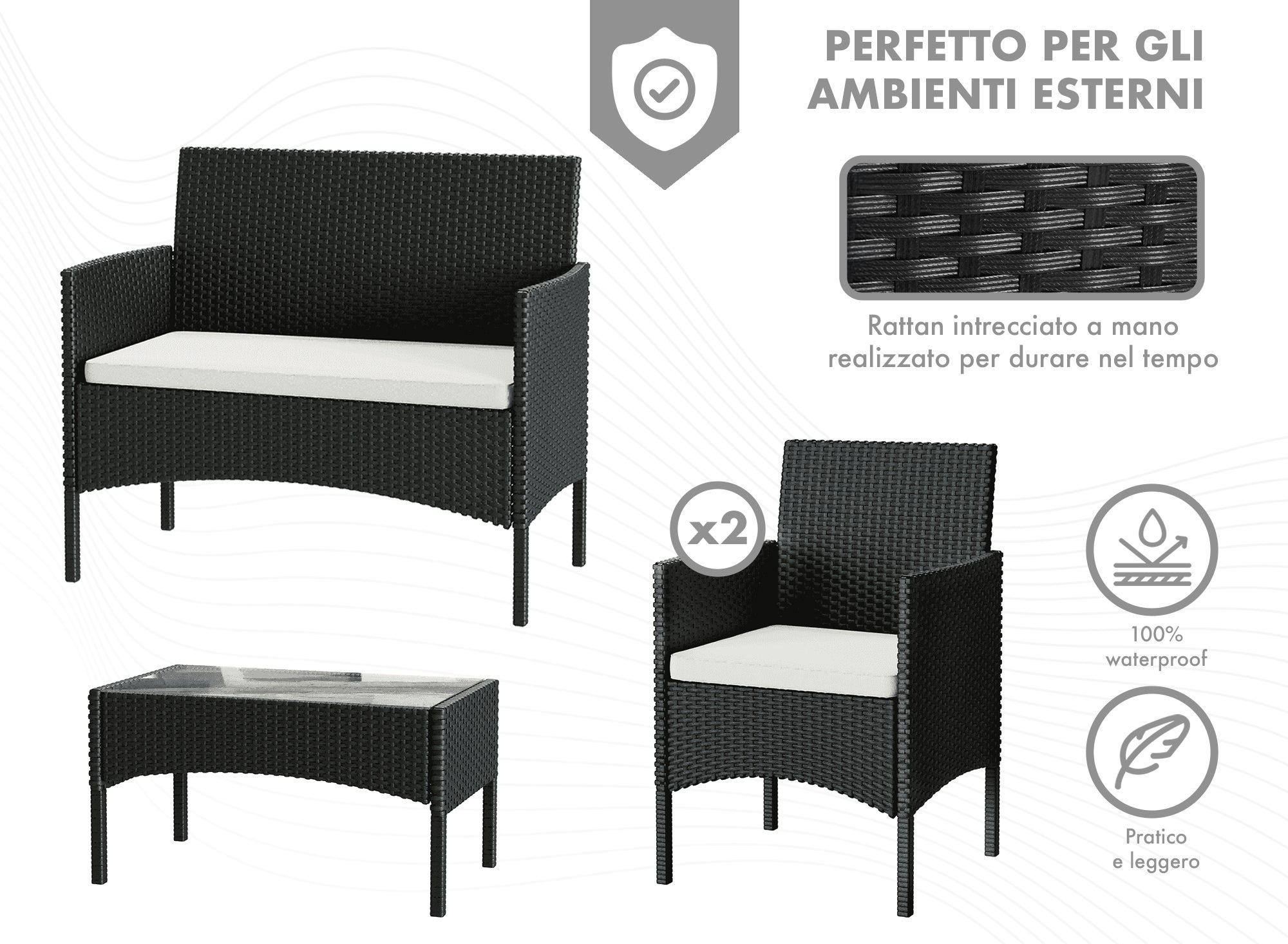 Salotto Da Esterno In Rattan 2 Poltrone 1 Divano 1 Tavolo Con Cuscini Relax Primavera Estate Mobili Estivi 4 Posti Tavolo Ripiano In Vetro - 3