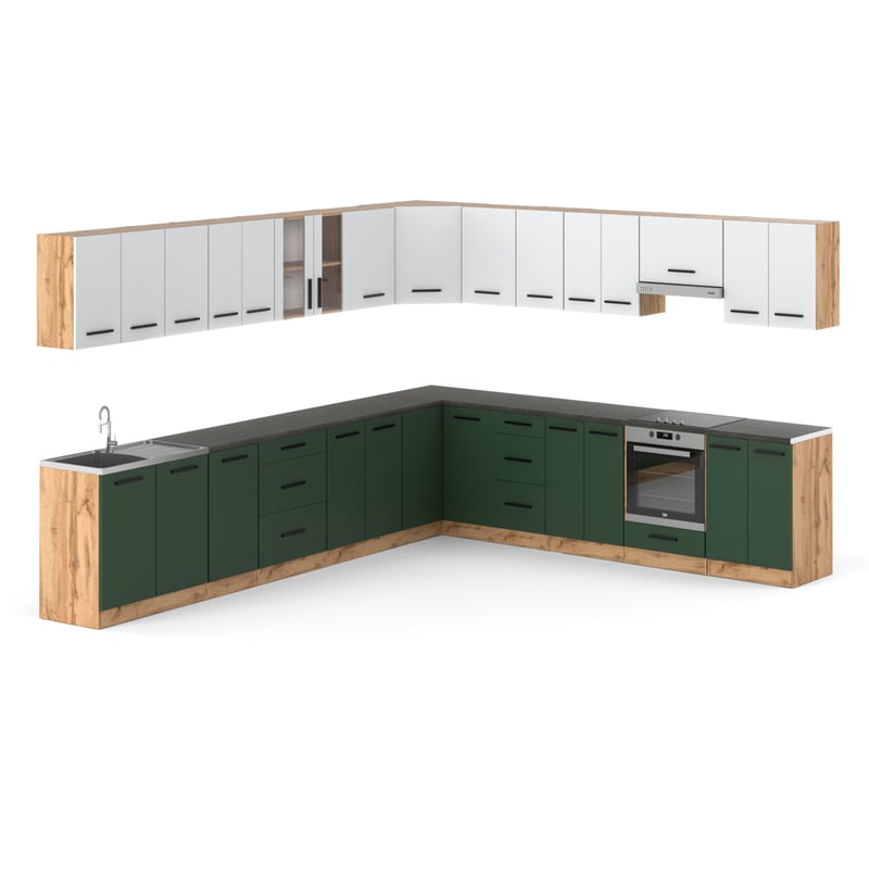 Kuchnia narożna modułowa nowoczesna blat 6.8m wotan biały butelkowa zieleń