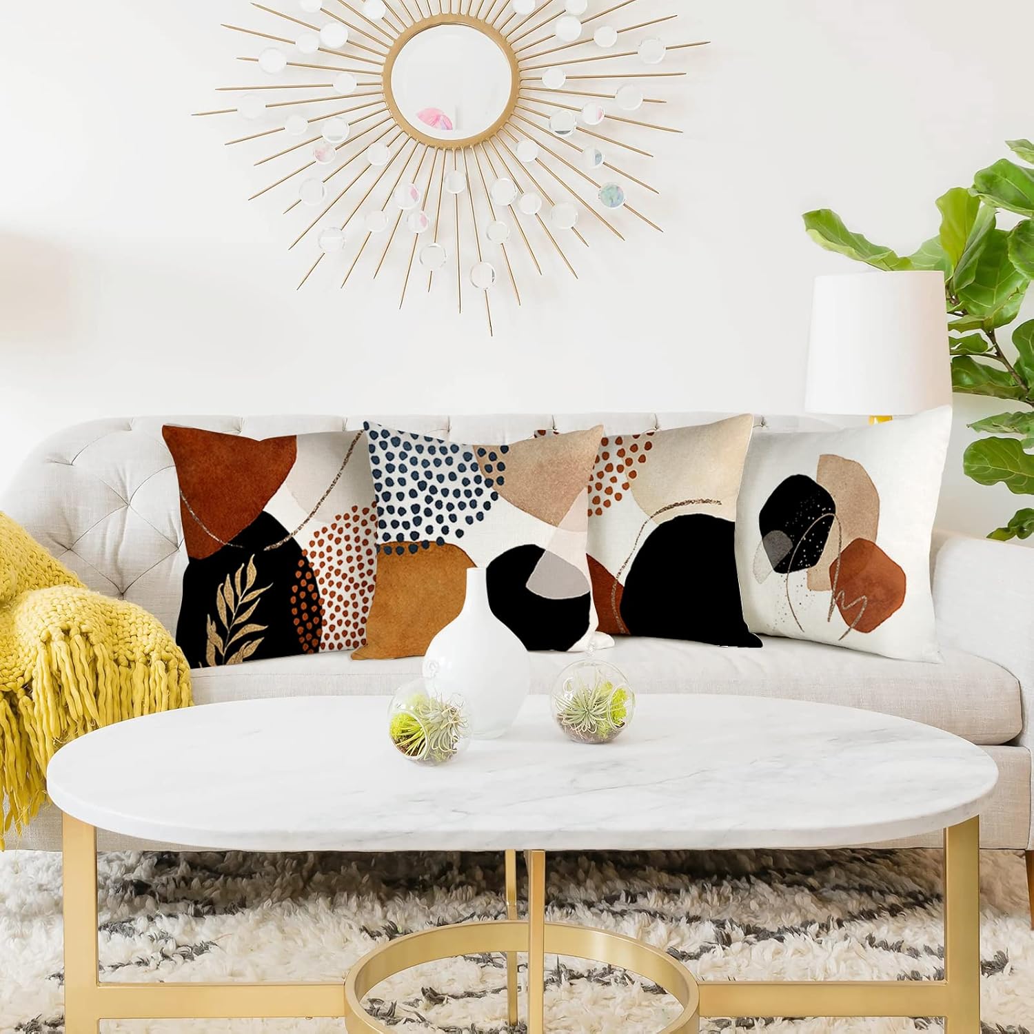 Lot de 4 40 x 40 Housse de Coussin, Housse Coussin en Lin Coussin de Canapé Moderne Boho Motif Abstrait pour Chambre Extérieur Housse Oreiller - 2