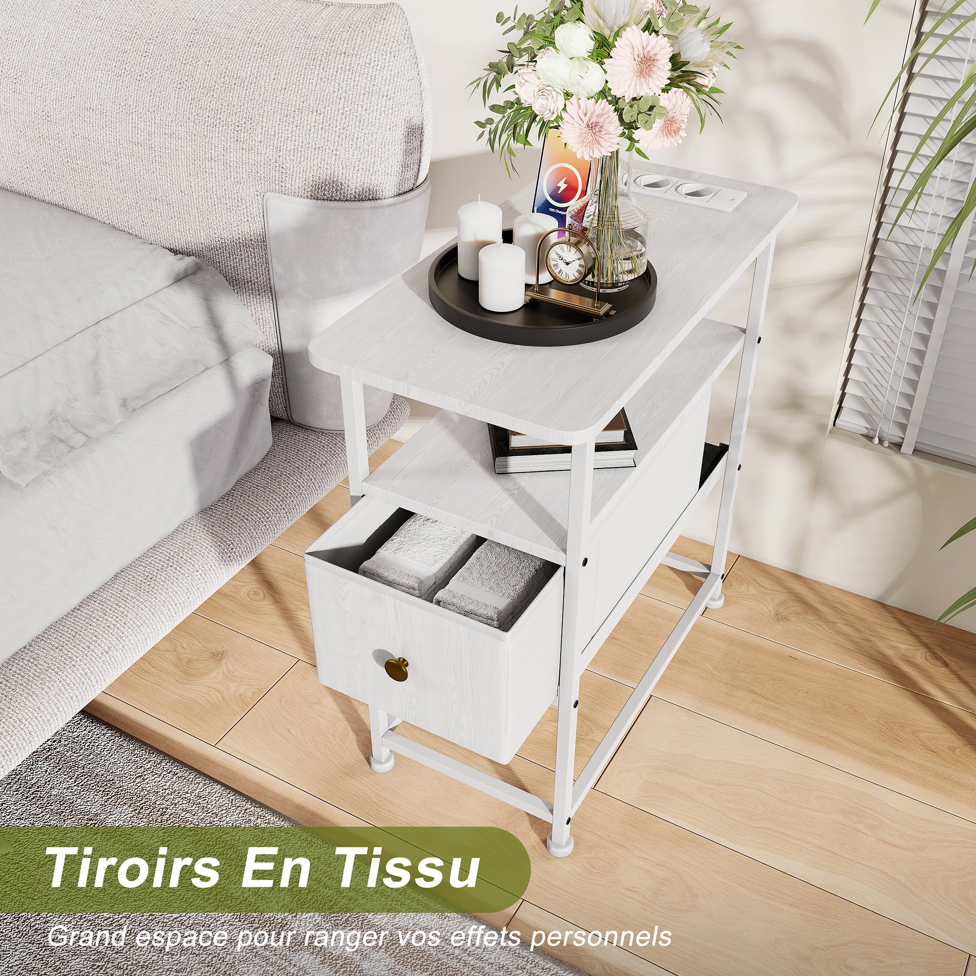 Table d'Appoint avec tiroirs - prise électrique incluse, structure en métal, pieds antidérapants, espace de rangement ouvert - 60x30x62 cm - blanche - 5