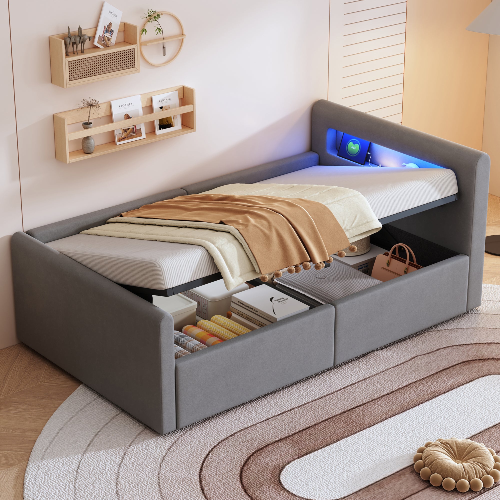 Lit enfant rembourré 90x200 cm, avec éclairage LED, veilleuse et port de charge USB, étagère, espace de rangement, lit simple, gris clair - 4