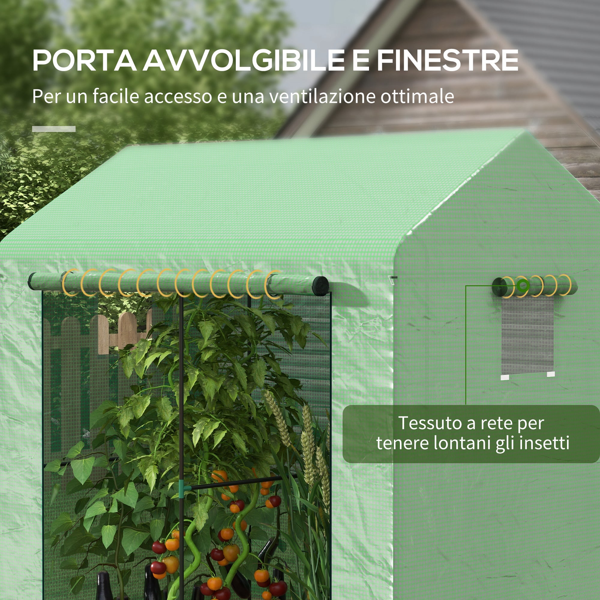 Serre de jardin avec porte enroulable et fenêtres grillagées, 200 x 140 x 200 cm, verte - 7