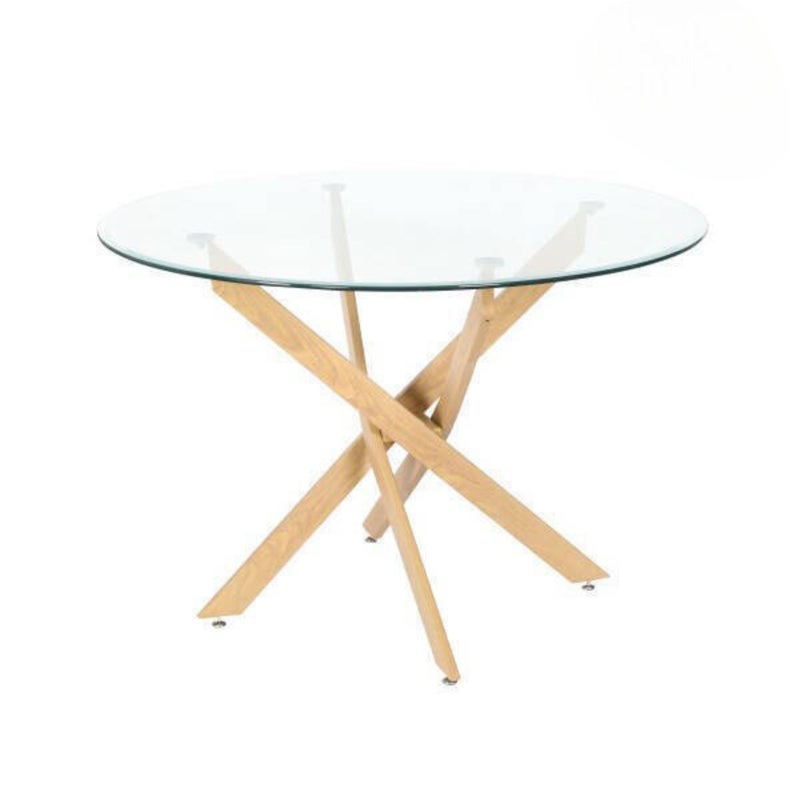 Okrągły stół z szklanym blatem i metalową konstrukcją wykończenie drewniane | Wymiary: 110 x 73 cm
