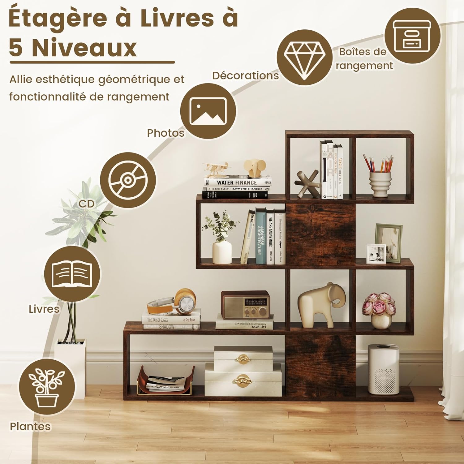 Libreria in Legno, 5 Livelli con Ante, Scaffale Multifunzionale a Forma di Scala, Ideale per Soggiorno Studio Ufficio, 120x19,5x109cm (Marron) - 4