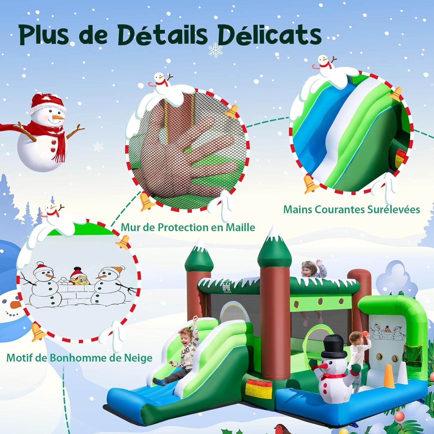 Castello Gonfiabile con Pupazzo di Neve, Gioco Gonfiabile per Bambini con Scivolo, Piscina di Palline, Basket, Gonfiabile con Pupazzo di Neve - 3